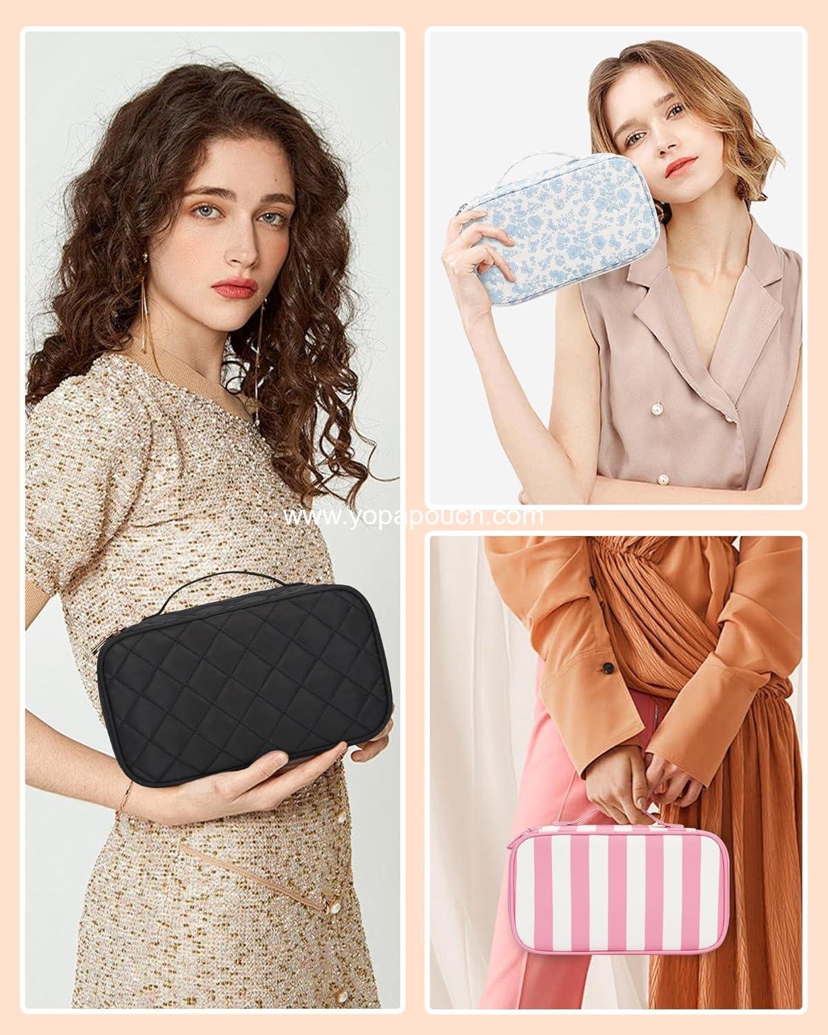 Wholesale 2-Layer Waterproof Travel Cosmetic Bag, Small Makeup Organizer with Brush Holder for Women, Black, Supplier