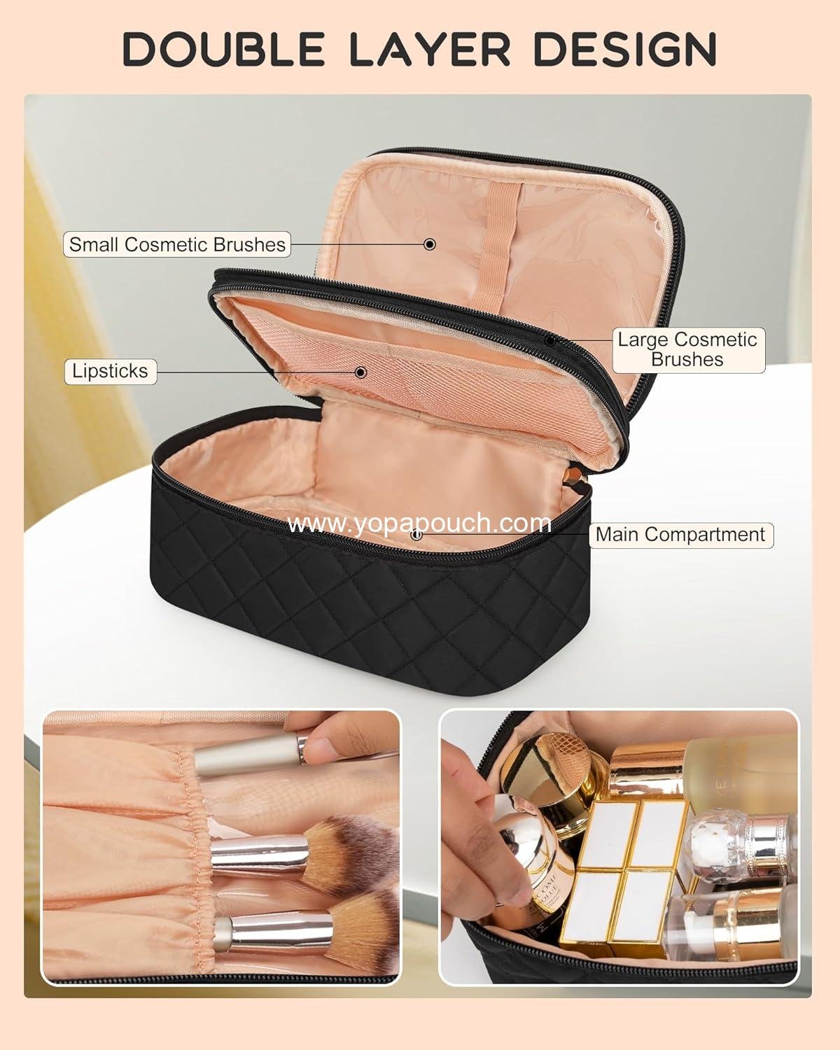 Wholesale 2-Layer Waterproof Travel Cosmetic Bag, Small Makeup Organizer with Brush Holder for Women, Black, Supplier