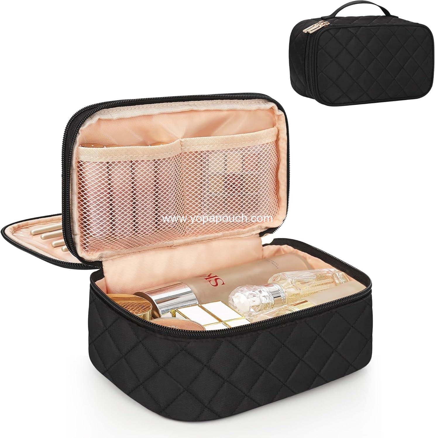 Relavel Makeup Bag, Small Makeup Bag for Women, Travel Cosmetic Bag, 2 Layers Waterproof Makeup Organizer Storage with Makeup Brush Holder, Black