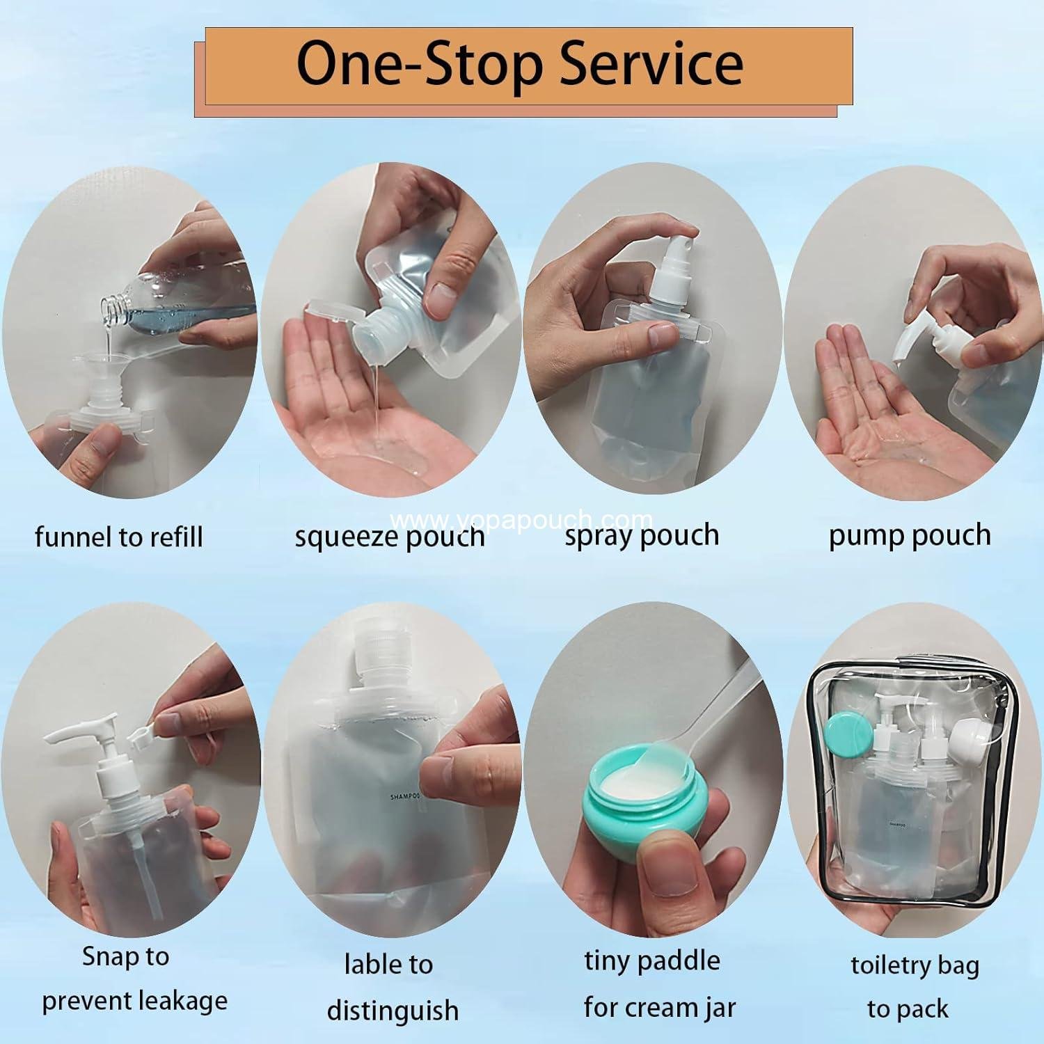 Wholesale 29 PCS Travel Size Refillable Empty Squeeze Pouch TSA Approved Toiletries Liquid Containers Leak Proof Portable Makeup Packing Bags in 30/50/100ml - Supplier
