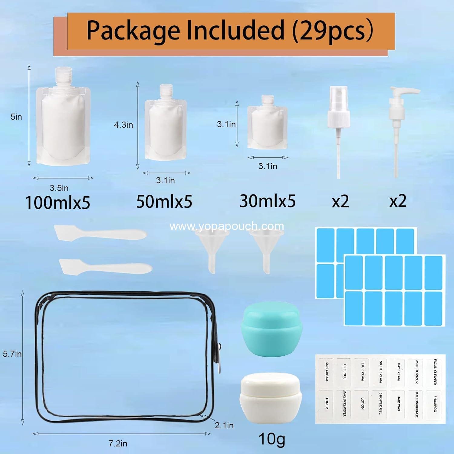 Wholesale 29 PCS Travel Size Refillable Empty Squeeze Pouch TSA Approved Toiletries Liquid Containers Leak Proof Portable Makeup Packing Bags in 30/50/100ml - Supplier