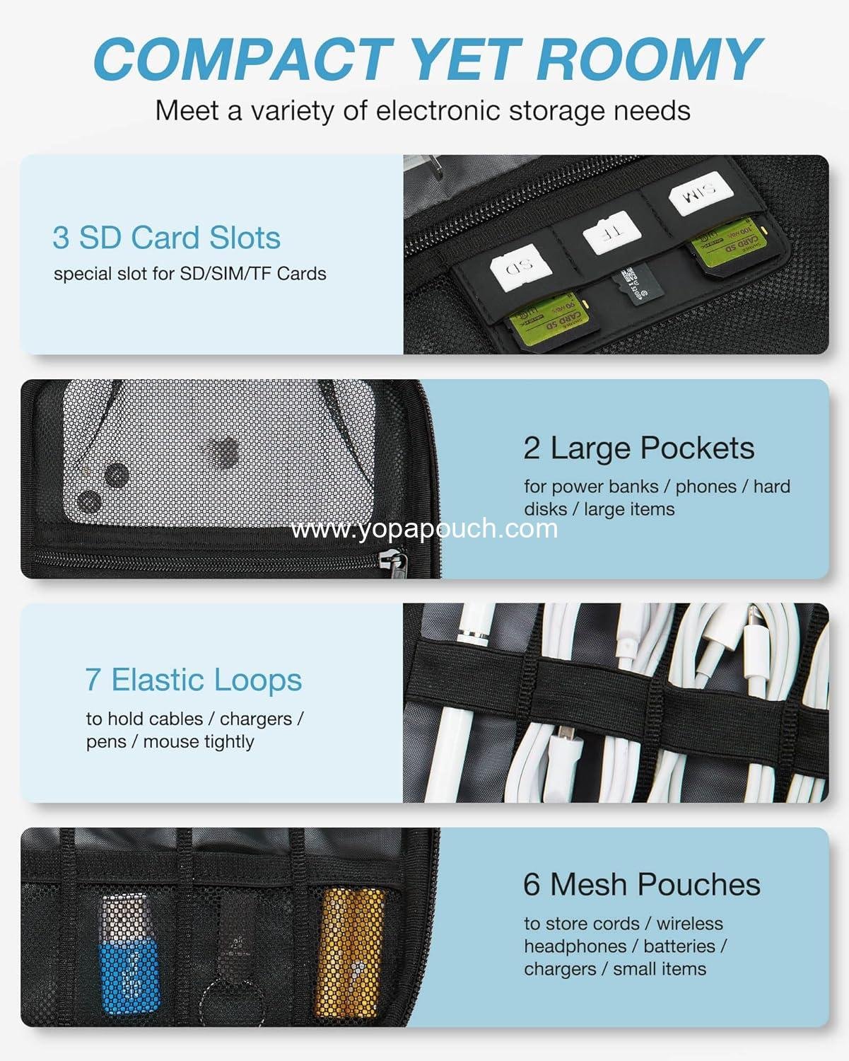 OEM Large Electronics Travel Organizer Case for Tech Accessories, Cord Storage Bag for Phone, Power Bank, SD Cards, Cables - Black Supplier