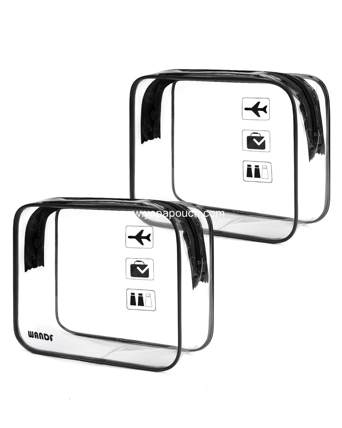 WANDF TSA Approved Toiletry Bag, 2 Packs Travel Clear Toiletry Bag, Quart Size Makeup Cosmetic Pouch with Zipper, Carry-On Airport Compliant Bag for Women and Men (2 pcs, Black)