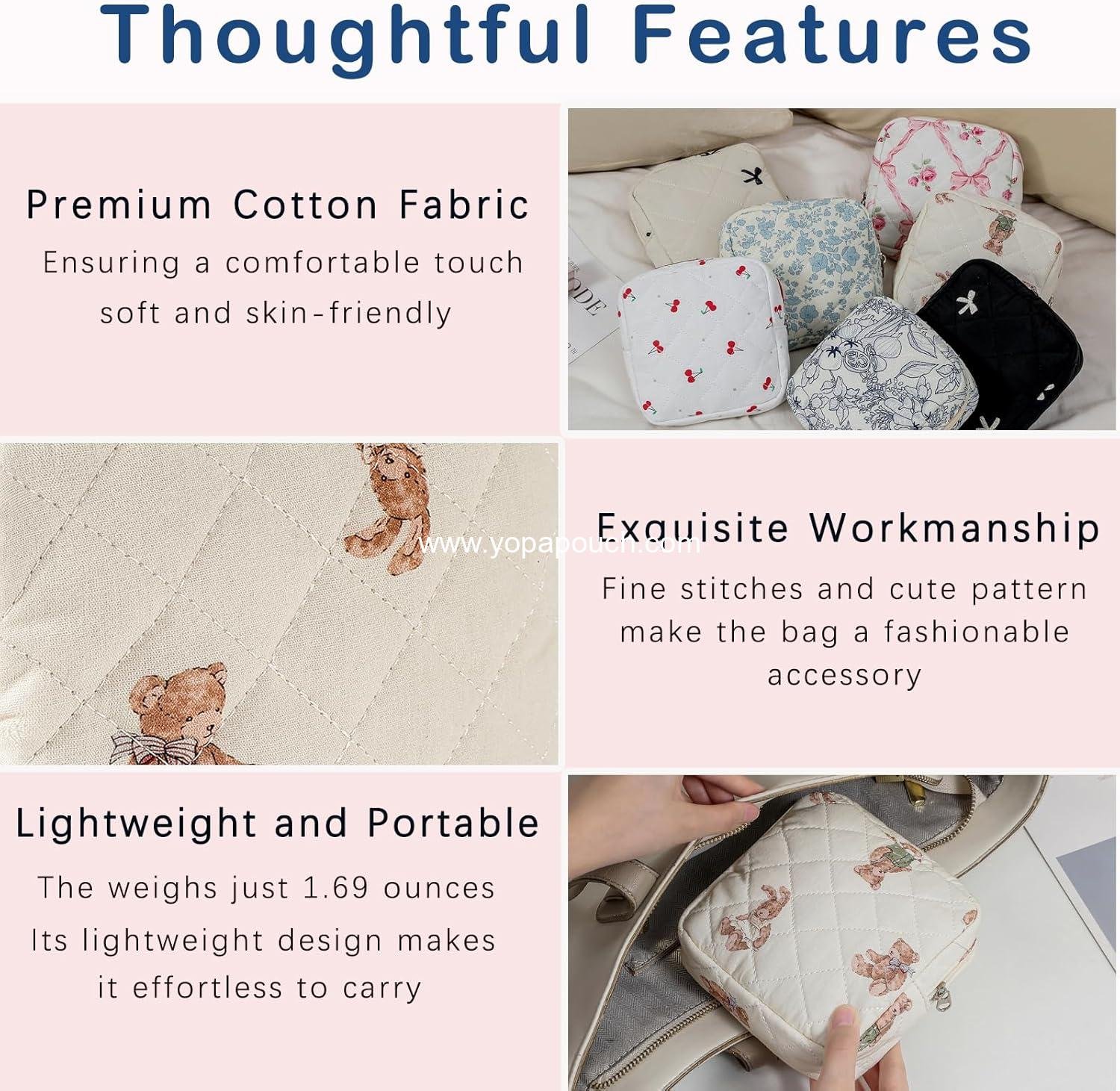 OEM Small Quilted Cotton Makeup Bag for Purse, Cosmetic Bag with Compartments, Travel Toiletry Pouch, Key Pocket Lipstick Bag and Card Holder Data Cable Organizer (01 White Bear) - Wholesale Supplier