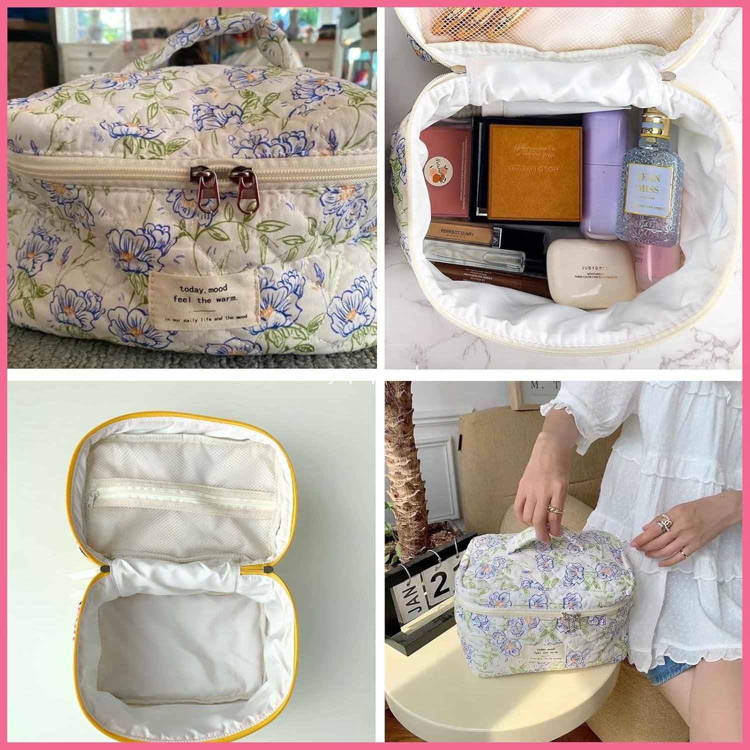 Wholesale Floral Cotton Quilted Makeup Bag for Women, Coquette Aesthetic Toiletry Organizer,  Large Cosmetic Bag Supplier