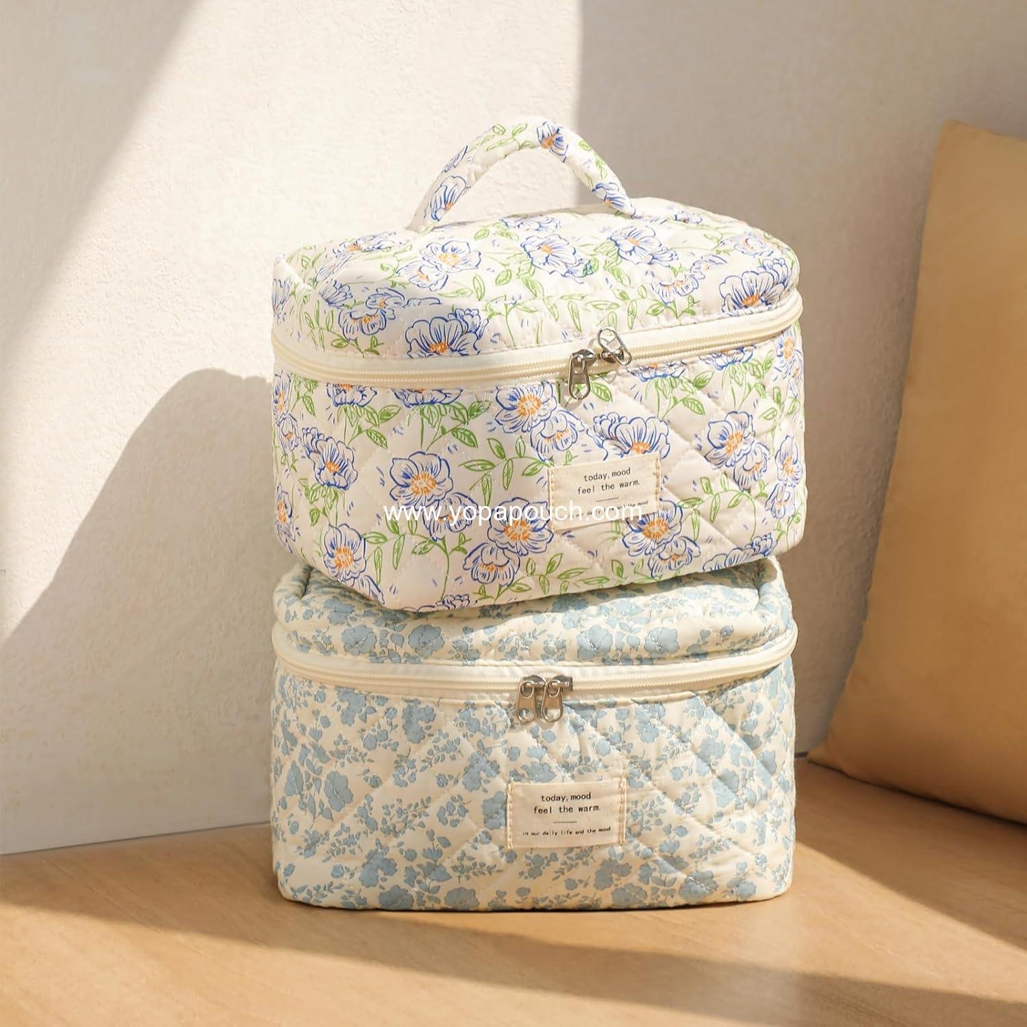 Wholesale Floral Cotton Quilted Makeup Bag for Women, Coquette Aesthetic Toiletry Organizer,  Large Cosmetic Bag Supplier