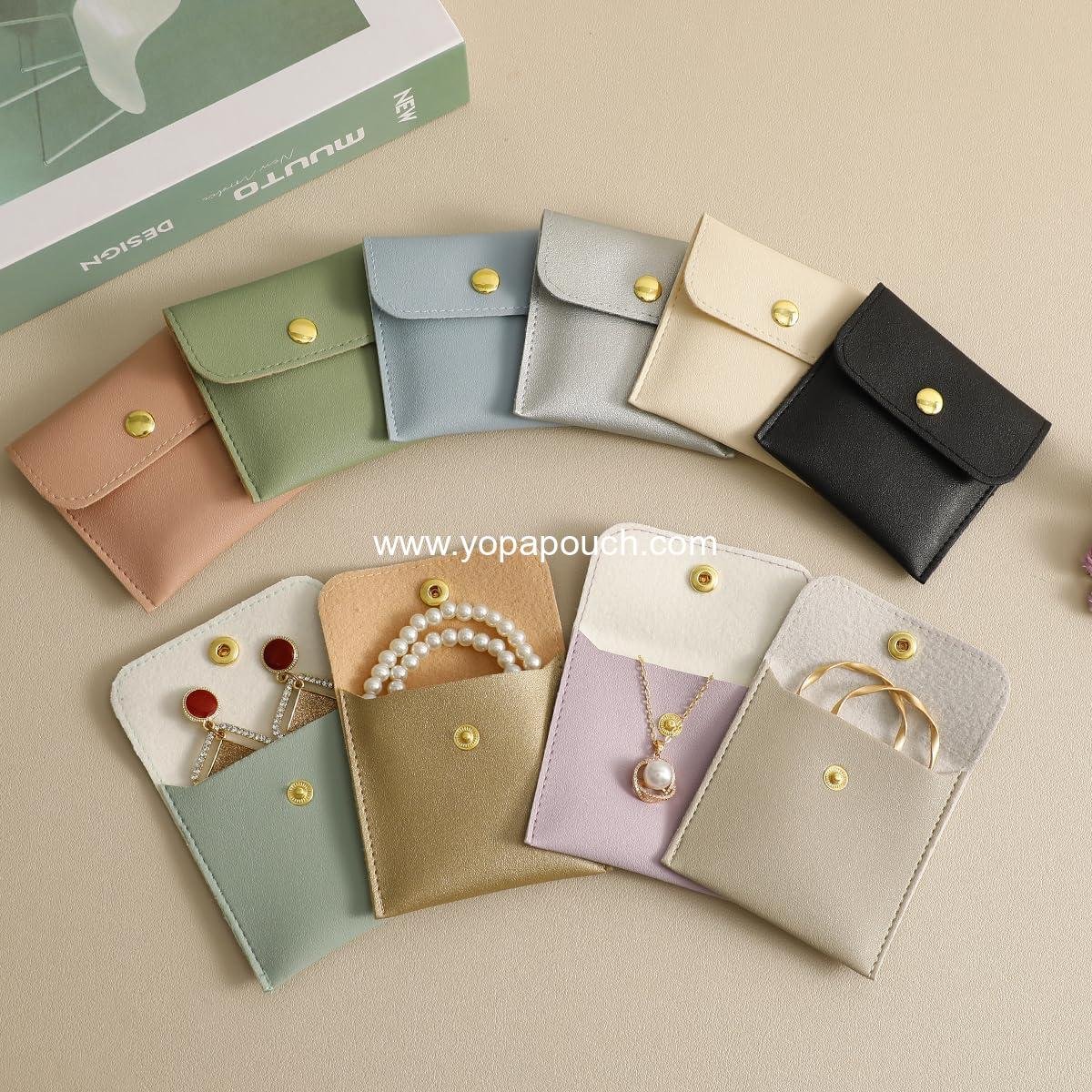 Wholesale 40pcs PU Leather Small Jewelry Bags 8 x 8cm with Snap Button in Light Blue - Luxury Favor Packaging for Earrings, Necklaces, Bracelets, Rings - Supplier