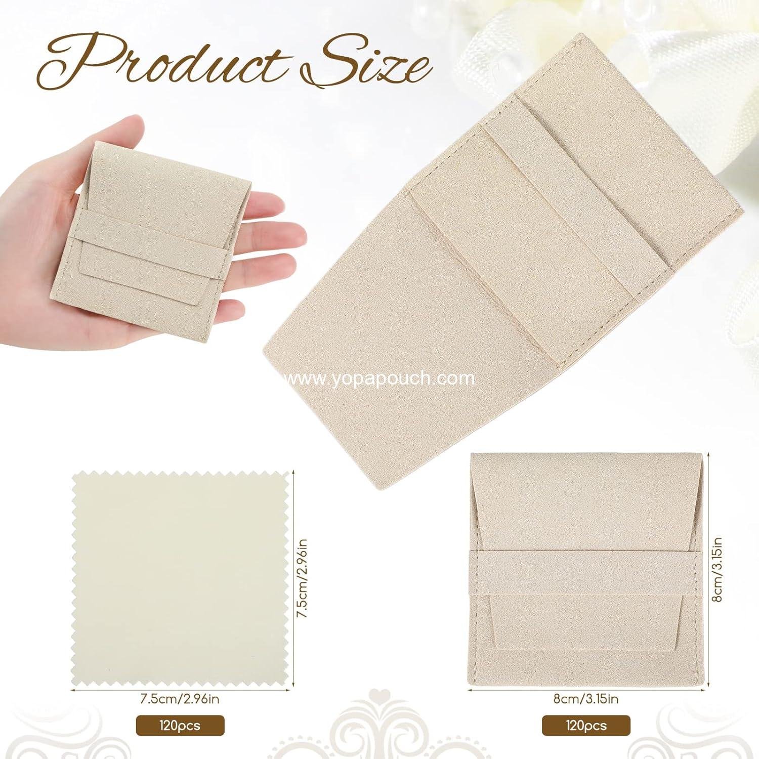 Wholesale 120 Pcs Microfiber Jewelry Pouch 8x8cm Luxury Gift Packaging Bag with Fixed Strap and Cleaning Cloth Beige Supplier