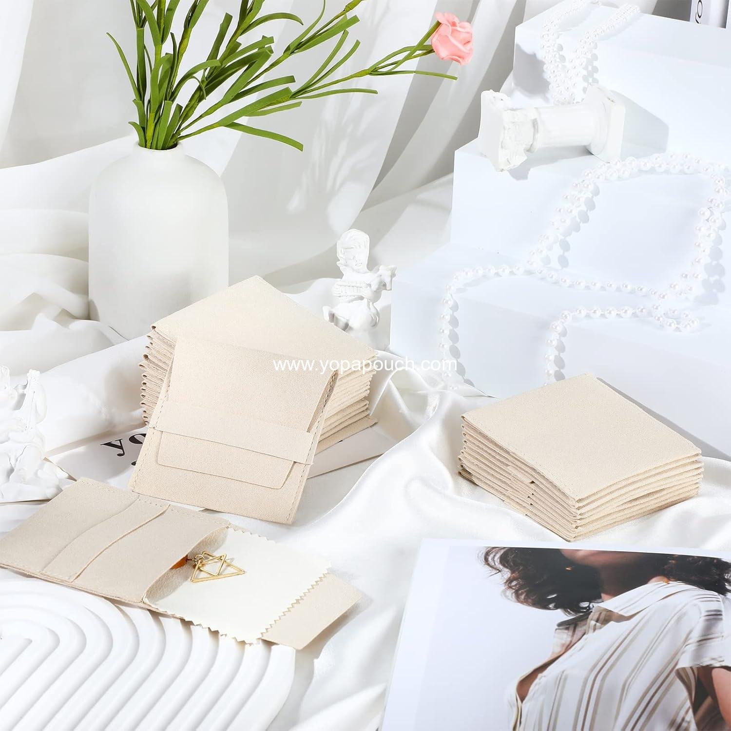 Wholesale 120 Pcs Microfiber Jewelry Pouch 8x8cm Luxury Gift Packaging Bag with Fixed Strap and Cleaning Cloth Beige Supplier