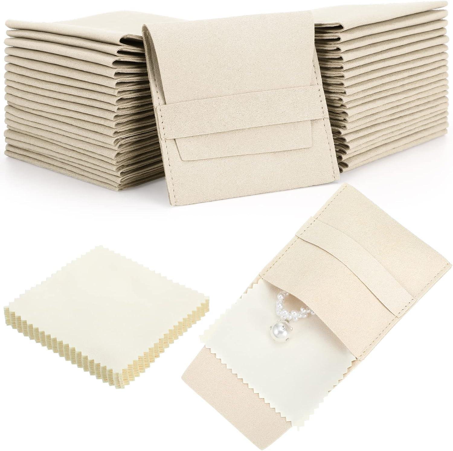 Cunno 120 Pcs Microfiber Jewelry Pouch 8x8cm Packaging Bag Luxury Gift Fixed Strap Envelope Style Packaging with Cleaning Cloth(Beige)