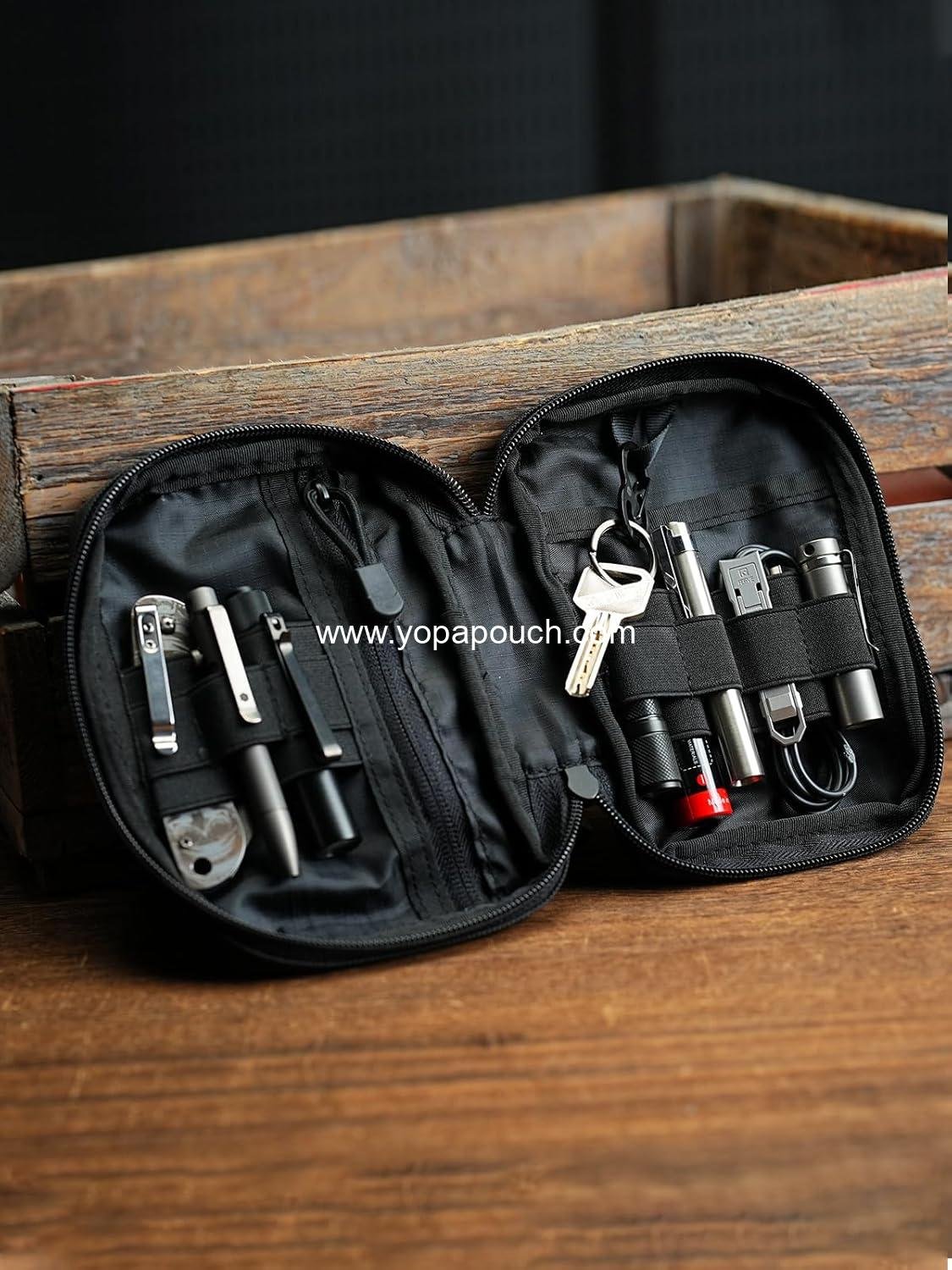 Wholesale EDC Pouch Organizer, Small Pocket Organizer with Patches Area, 6 Pockets for EDC Gear, Zippered Multitool Utility Bag, Black Manufacturer