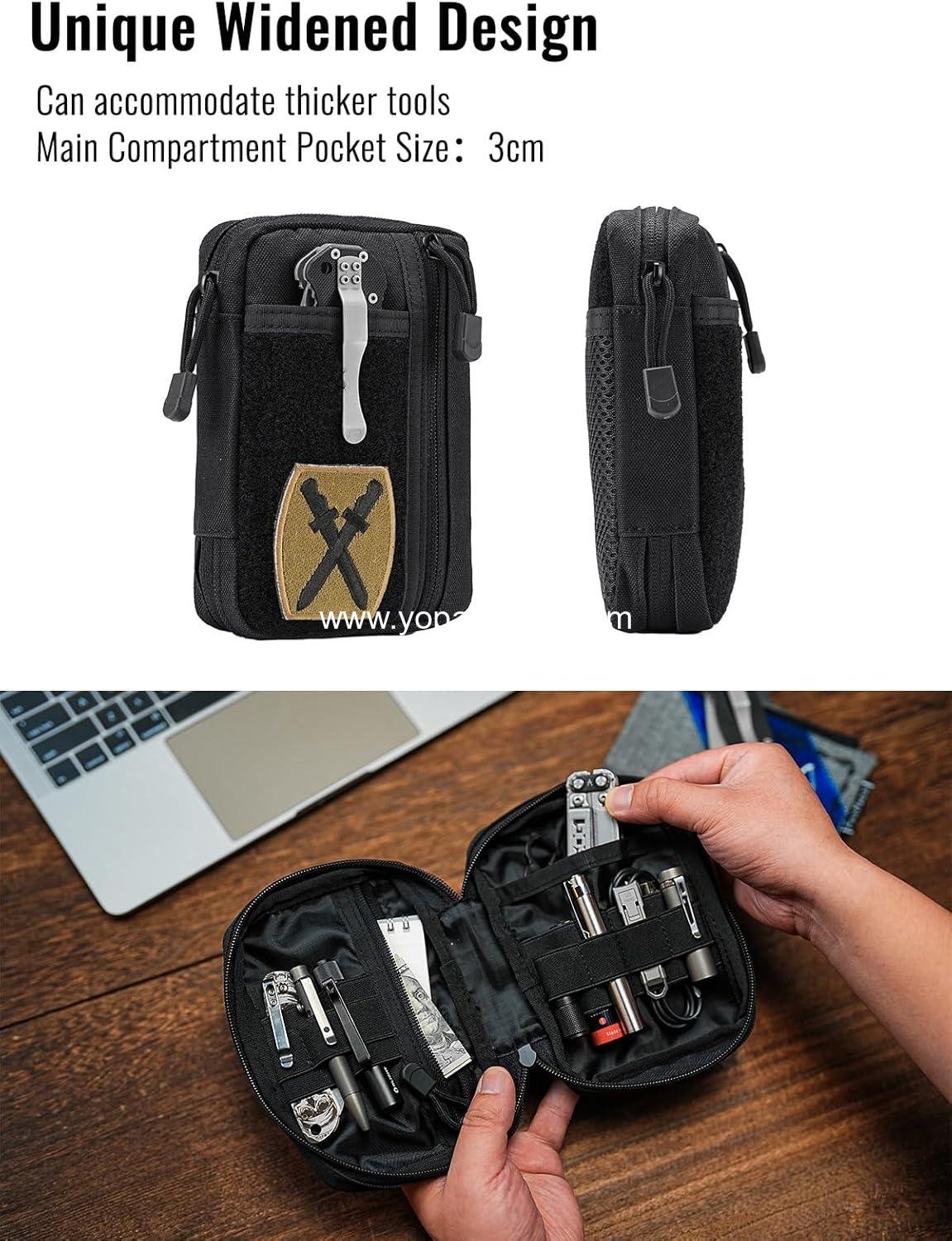 Wholesale EDC Pouch Organizer, Small Pocket Organizer with Patches Area, 6 Pockets for EDC Gear, Zippered Multitool Utility Bag, Black Manufacturer