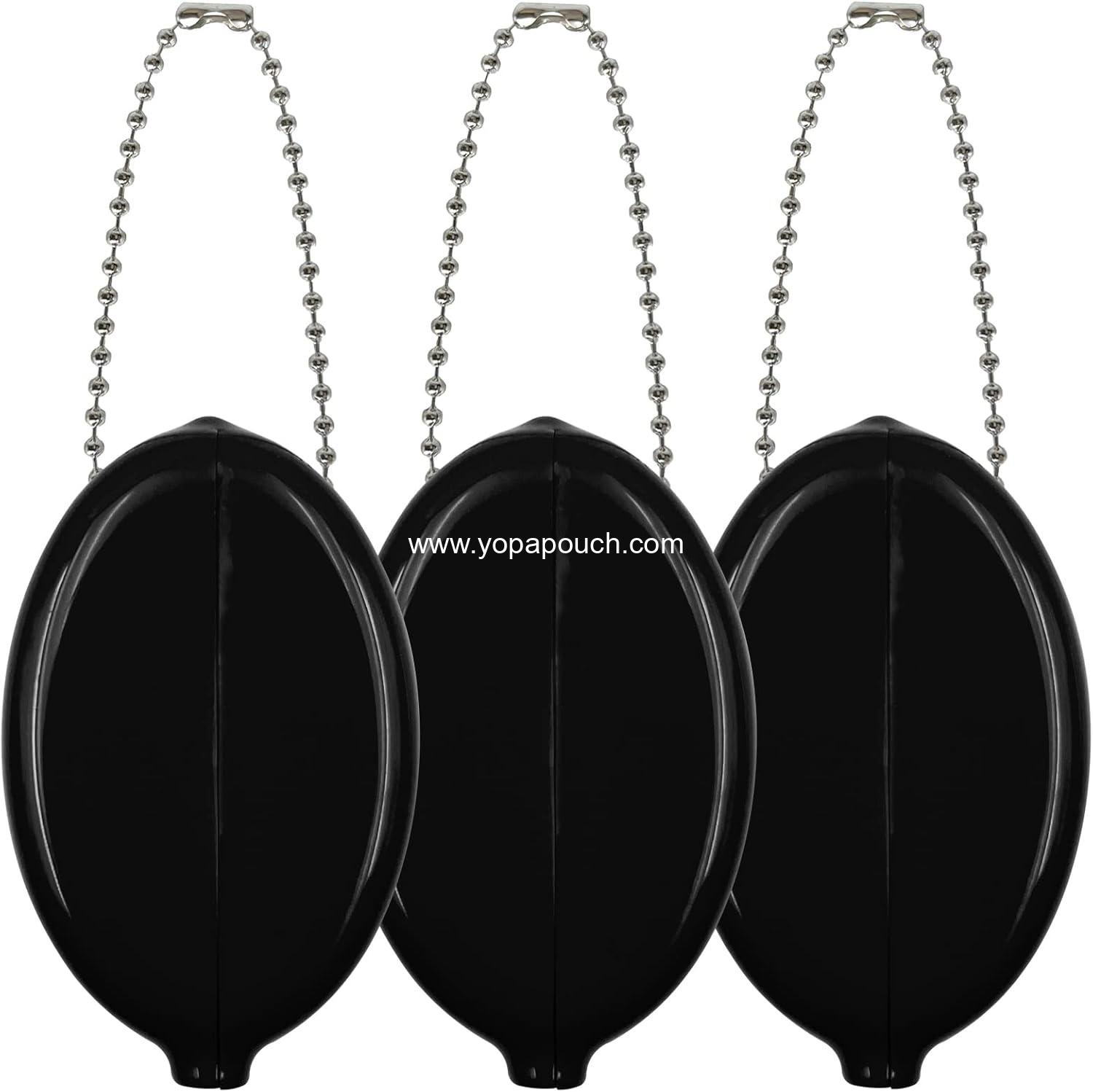 3 Pieces Rubber Coin Purse, 2 x 3 Inches Oval Squeeze Coin Holders With Chain for Women Men Travel (Black 3 Pack)