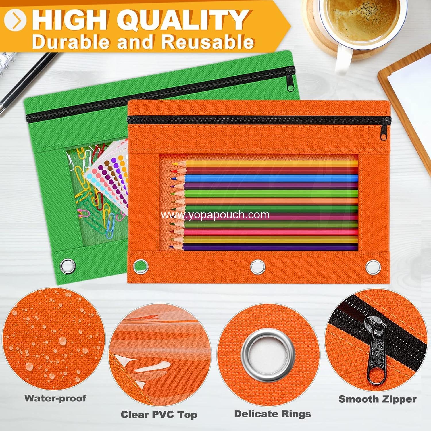 Wholesale 6 Pack Pencil Pouches for 3 Ring Binder, 3 Hole Zipper Bags with Clear Window in Assorted Colors, Durable Cloth Pencil Cases for School Office College Supplies, Supplier