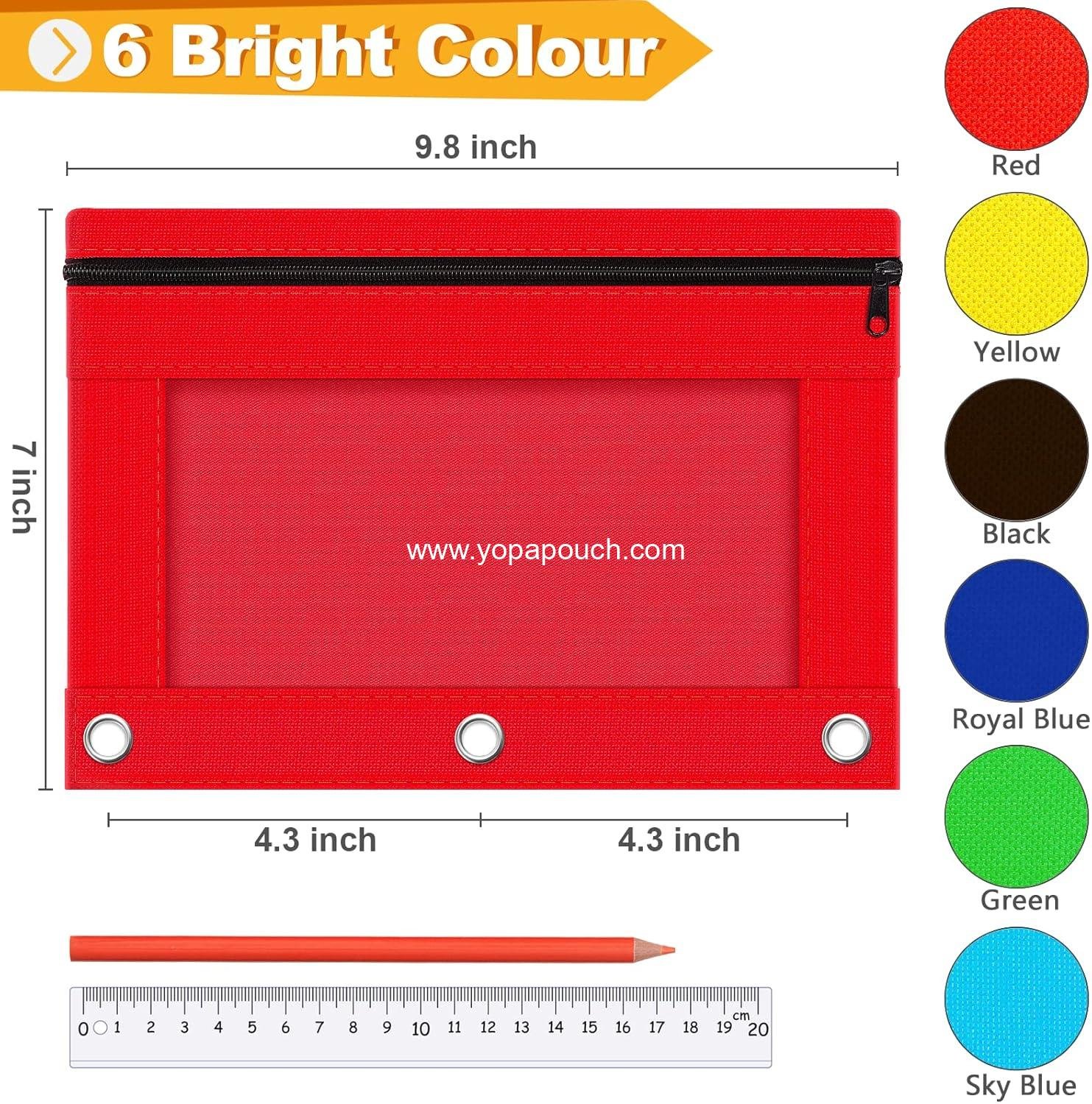 Wholesale 6 Pack Pencil Pouches for 3 Ring Binder, 3 Hole Zipper Bags with Clear Window in Assorted Colors, Durable Cloth Pencil Cases for School Office College Supplies, Supplier