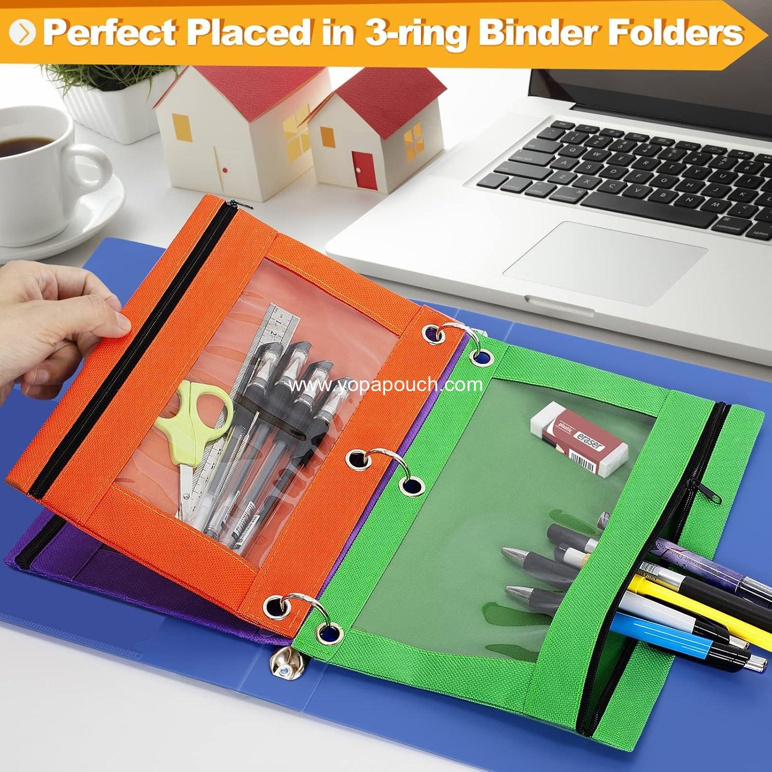 Wholesale 6 Pack Pencil Pouches for 3 Ring Binder, 3 Hole Zipper Bags with Clear Window in Assorted Colors, Durable Cloth Pencil Cases for School Office College Supplies, Supplier