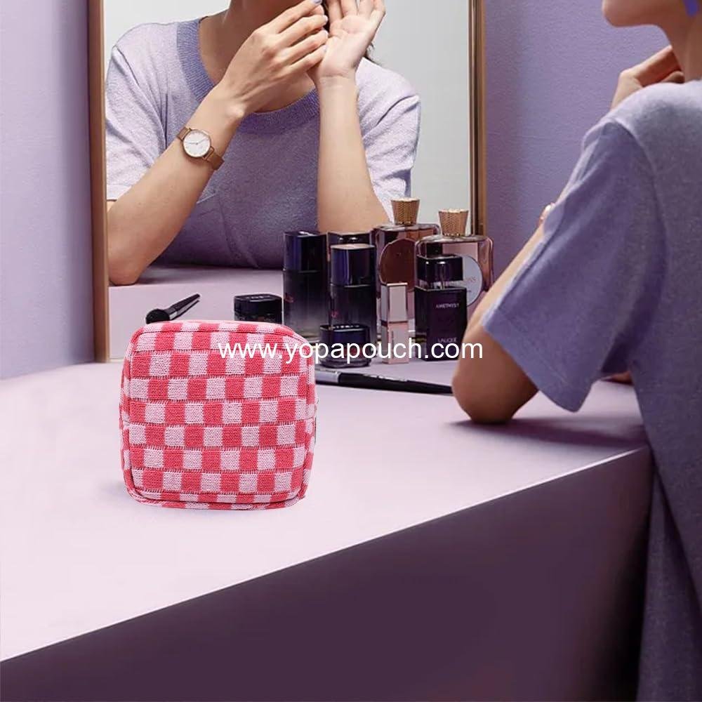 Wholesale Mini Checkered Pink Makeup Bag for Purse - Cute Zipper Cosmetic Pouch, Travel Toiletry Case, Quilted Aesthetic Organizer for Women and Girls - Factory