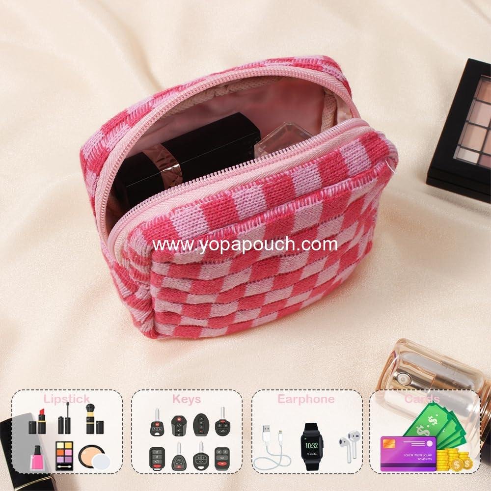 Wholesale Mini Checkered Pink Makeup Bag for Purse - Cute Zipper Cosmetic Pouch, Travel Toiletry Case, Quilted Aesthetic Organizer for Women and Girls - Factory