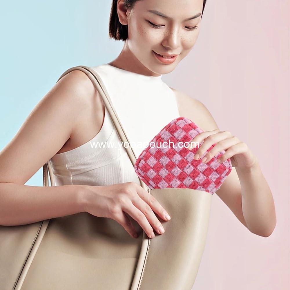 Wholesale Mini Checkered Pink Makeup Bag for Purse - Cute Zipper Cosmetic Pouch, Travel Toiletry Case, Quilted Aesthetic Organizer for Women and Girls - Factory