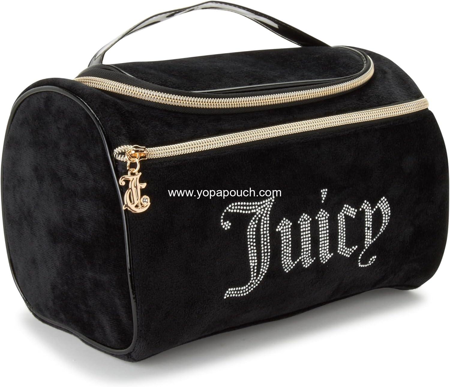 Wholesale Black Makeup Bag Cosmetics Organizer Travel Essentials Hanging Duffel Velour Rhinestones 12"x8"x6" Supplier