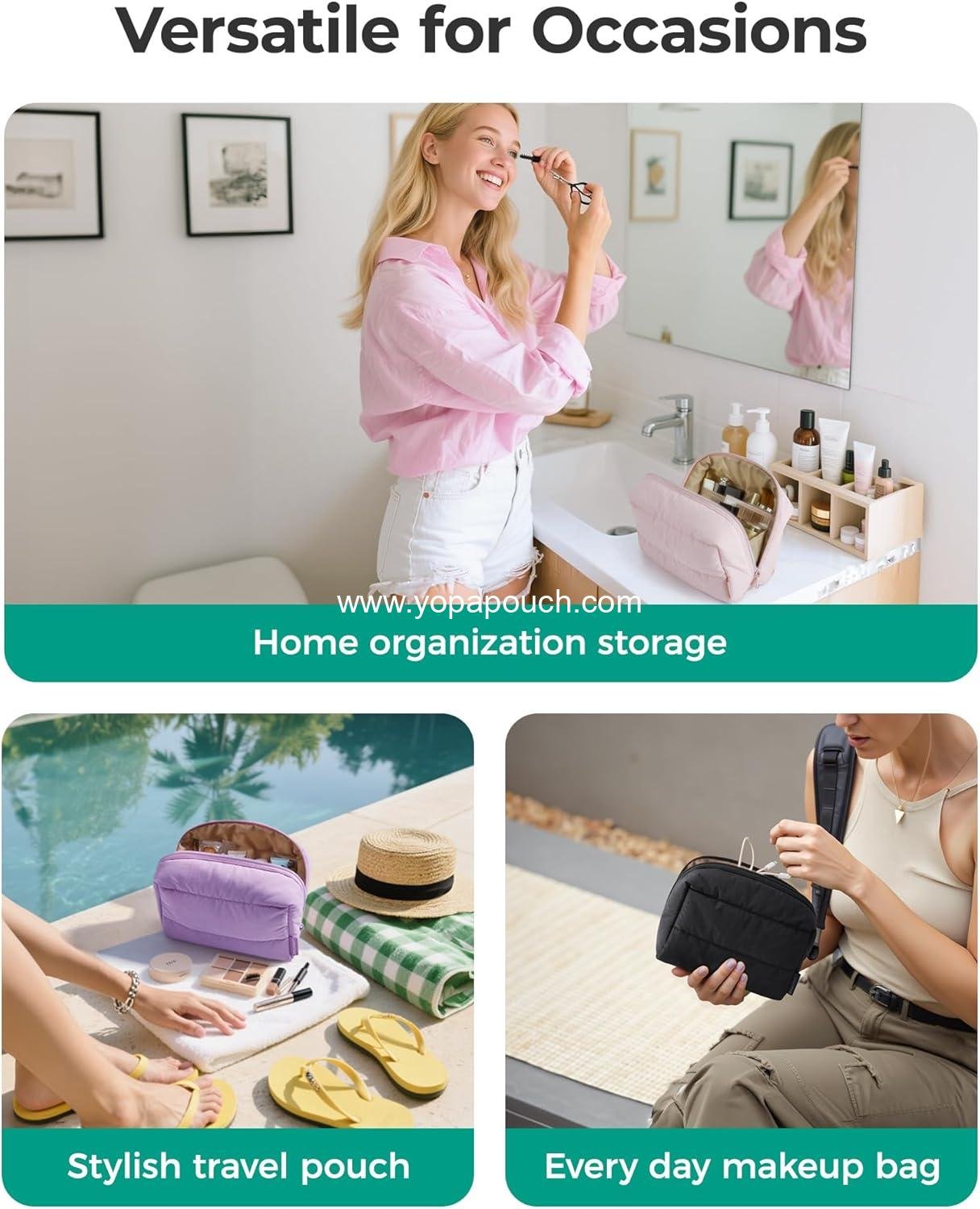 Wholesale Puffy Makeup Bag, Wide Opening Cosmetic Organizer, Compact Water-Resistant Travel Pouch for Women (Baby Pink) - Supplier