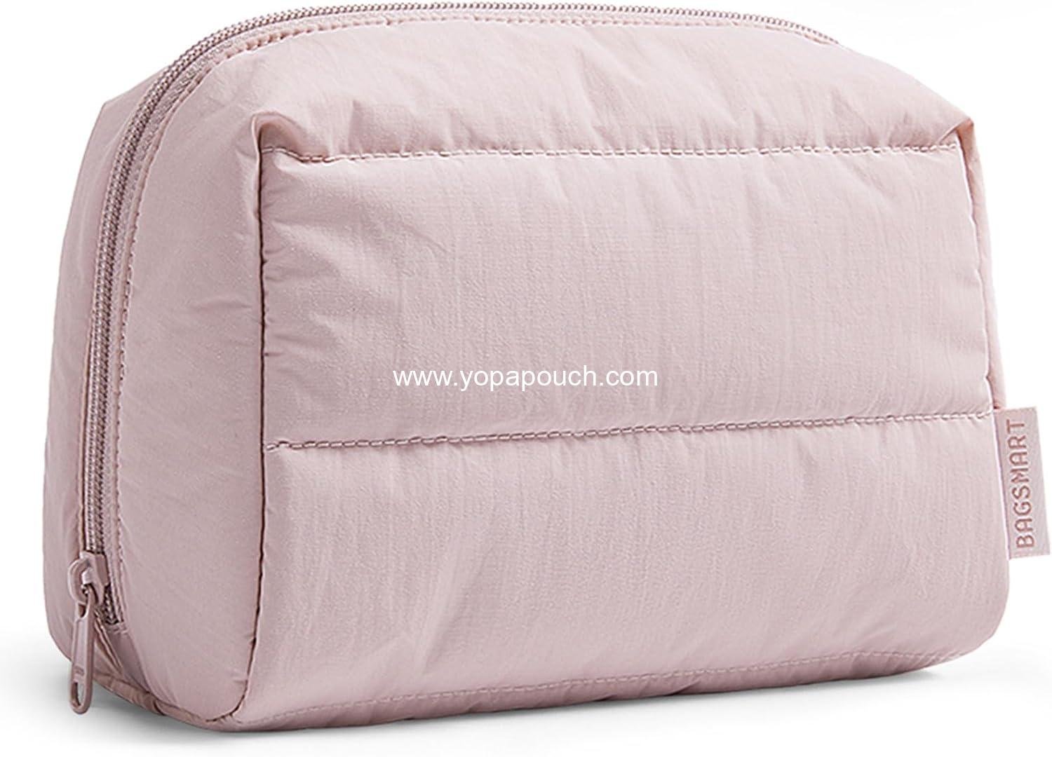 BAGSMART Puffy Makeup Bag, Wide Opening Cosmetic Bag Compact & Spacious, Water-Resistant Travel Organizer Pouches for Women (Baby Pink)