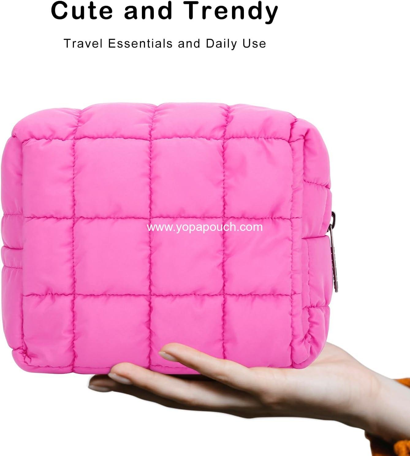 Wholesale Cute Makeup Bag, Quilted Cosmetic Pouch, Toiletry Zipper Pouch, Checkered Travel Case, Storage Organizer (Hot Pink) - Supplier