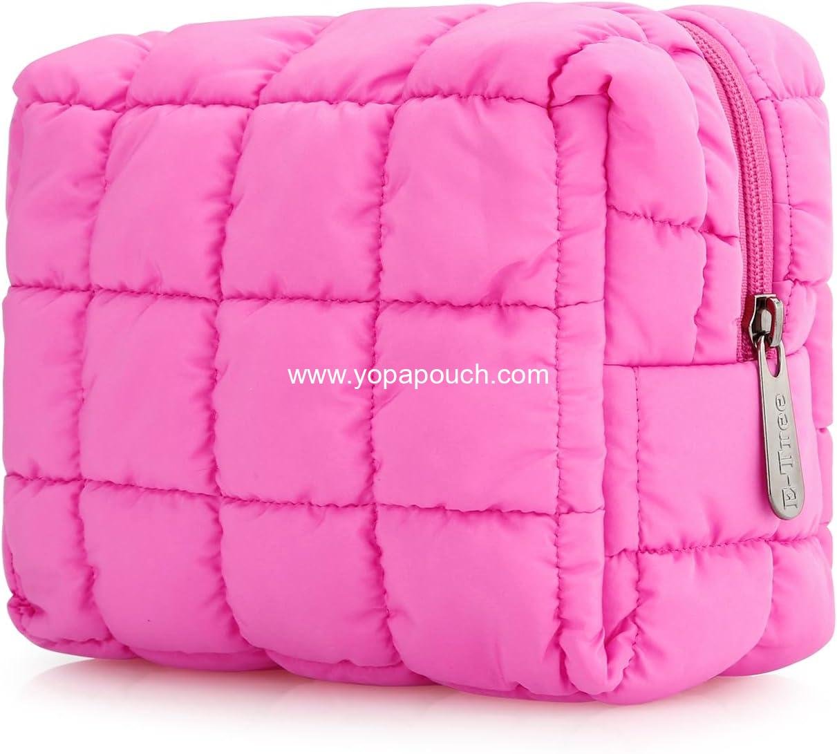 E-Tree Cute Makeup Bag,Quilted Cosmetic Bag,Make up Pouch for Purse,Toiletry Zipper Pouch,Checkered Bag,Travel Case,Storage Pouches for Organization (Hot Pink)