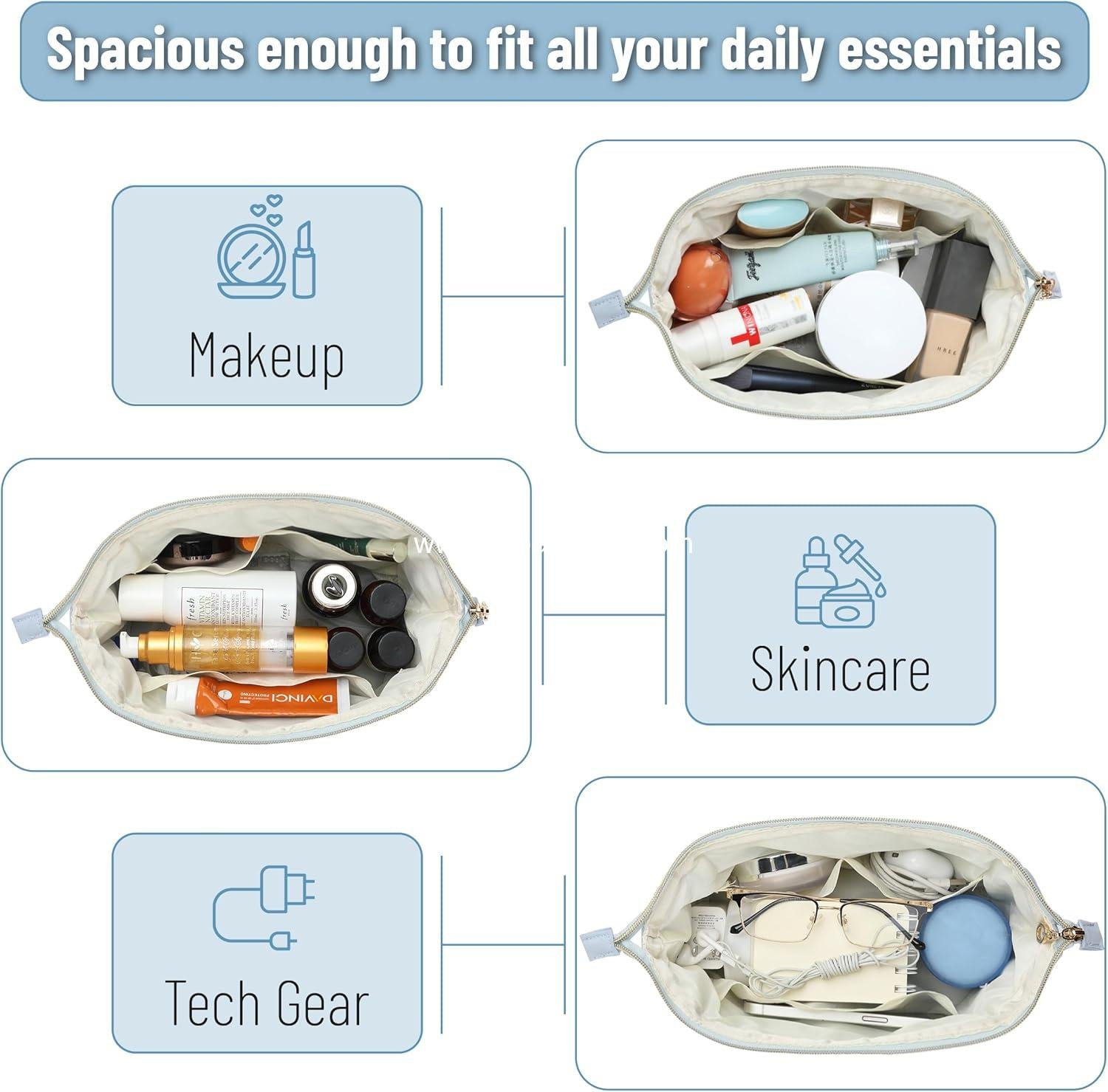 Wholesale Aesthetic Quilted Makeup Bag for Women, Dusty Blue, Puffy Padded Cosmetic Pouch,  Cute Quilted Pouch - Supplier