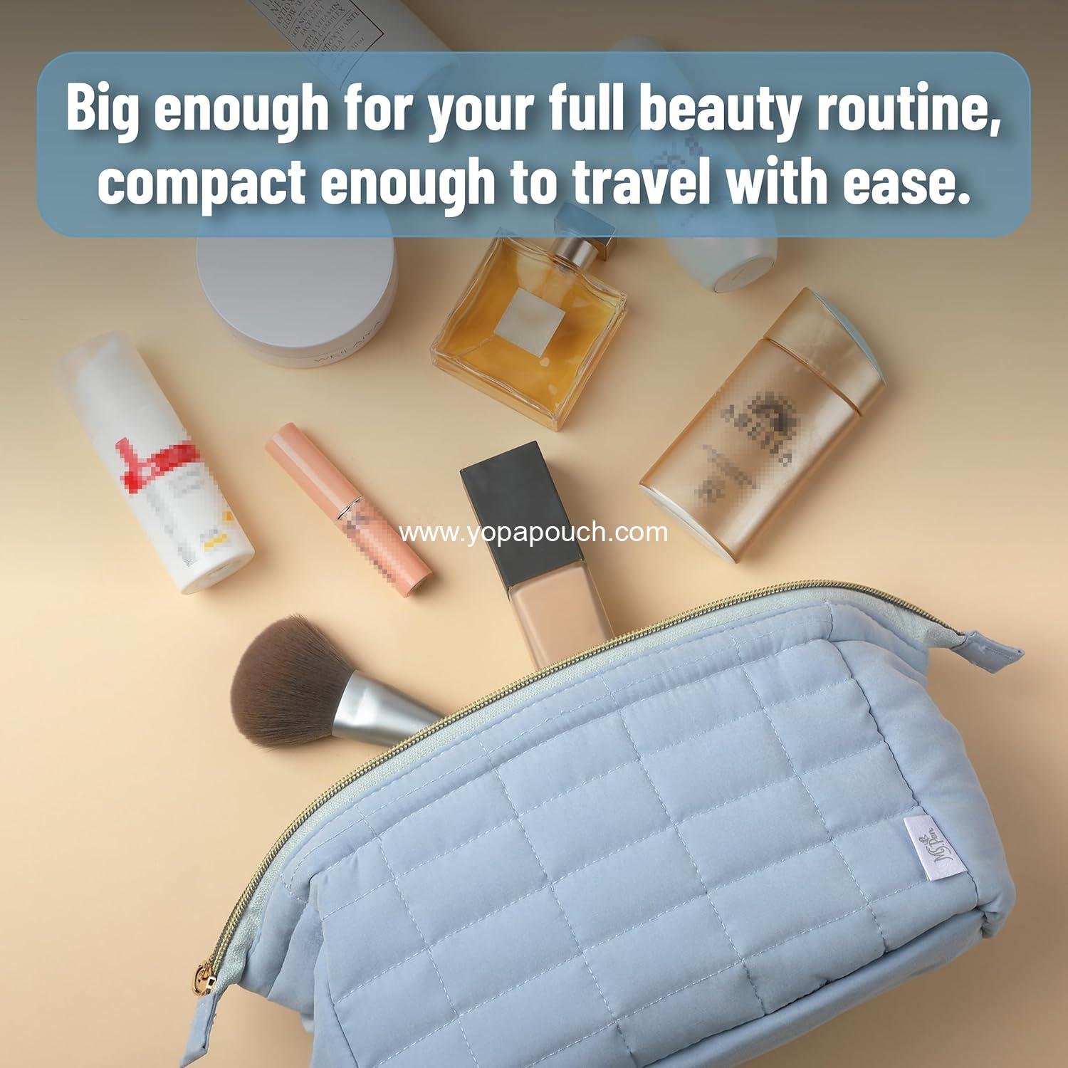 Wholesale Aesthetic Quilted Makeup Bag for Women, Dusty Blue, Puffy Padded Cosmetic Pouch,  Cute Quilted Pouch - Supplier