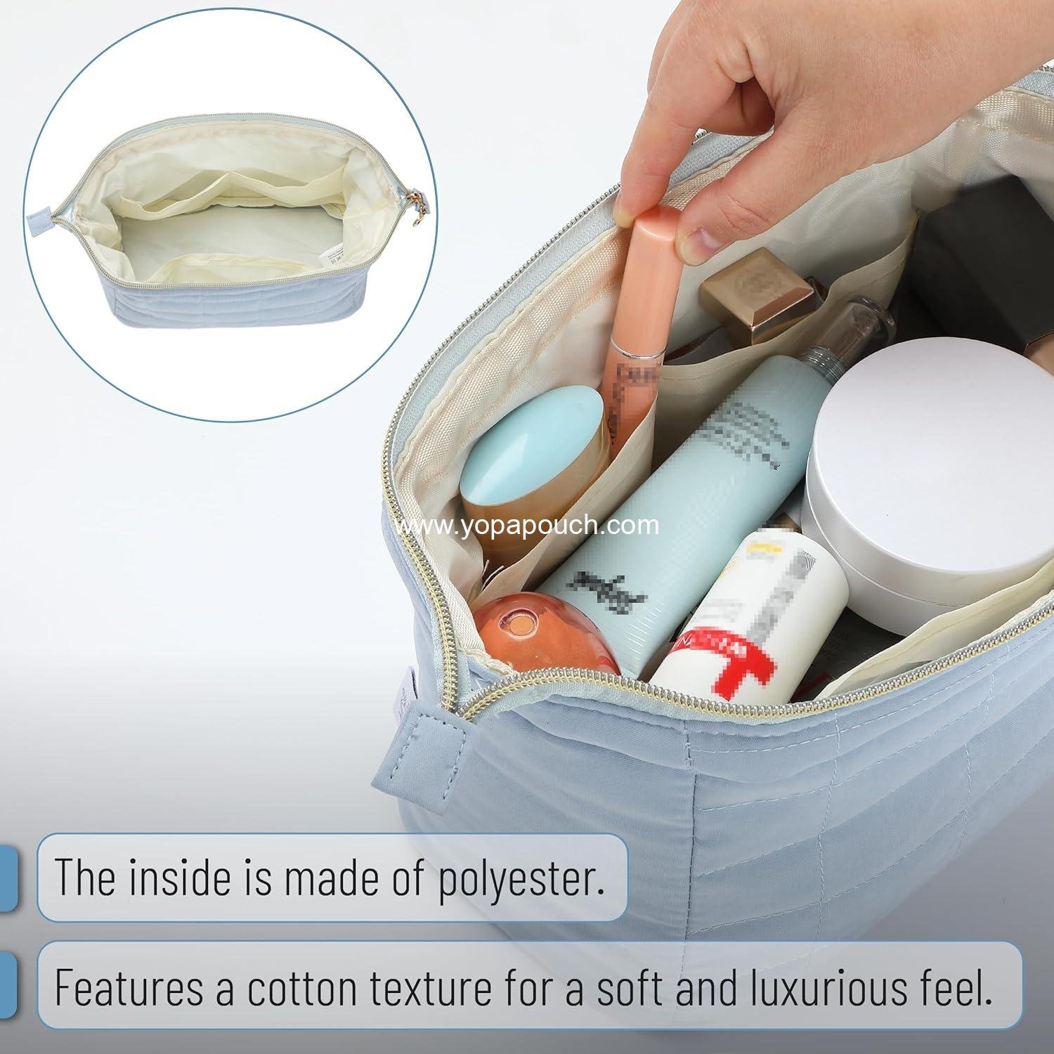 Wholesale Aesthetic Quilted Makeup Bag for Women, Dusty Blue, Puffy Padded Cosmetic Pouch,  Cute Quilted Pouch - Supplier