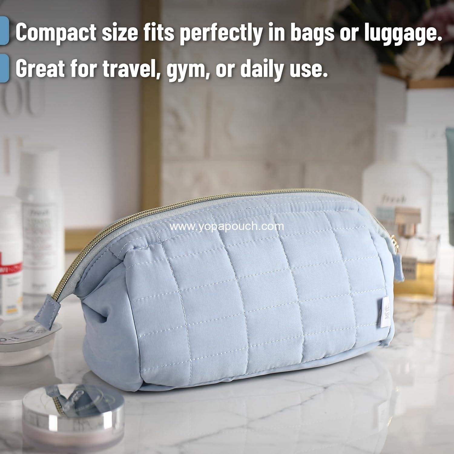 Wholesale Aesthetic Quilted Makeup Bag for Women, Dusty Blue, Puffy Padded Cosmetic Pouch,  Cute Quilted Pouch - Supplier