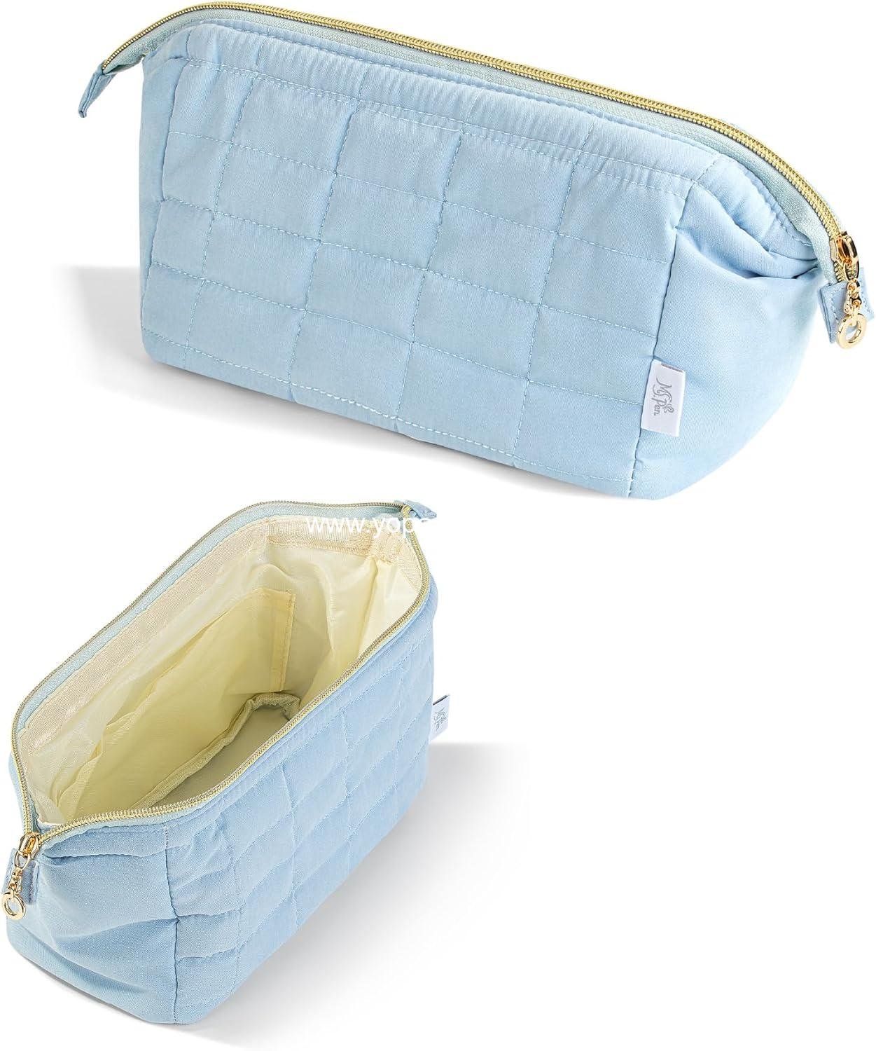 Ms. pen- Aesthetic Quilted Makeup Bag for Women, Dusty Blue, Puffy Padded Cute Makeup Bag Cute, Cosmetic Pouch, Quilted Pouch