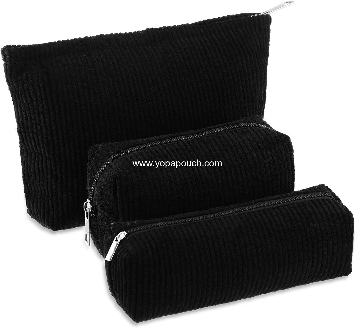 Wholesale 3 Pcs Makeup Bag Set for Women Corduroy Cosmetic Pouch Aesthetic Smile Travel Toiletry Bag Cute Purse Pencil Case Makeup Brushes Storage Organizer Christmas (Black, Solid Style) Supplier