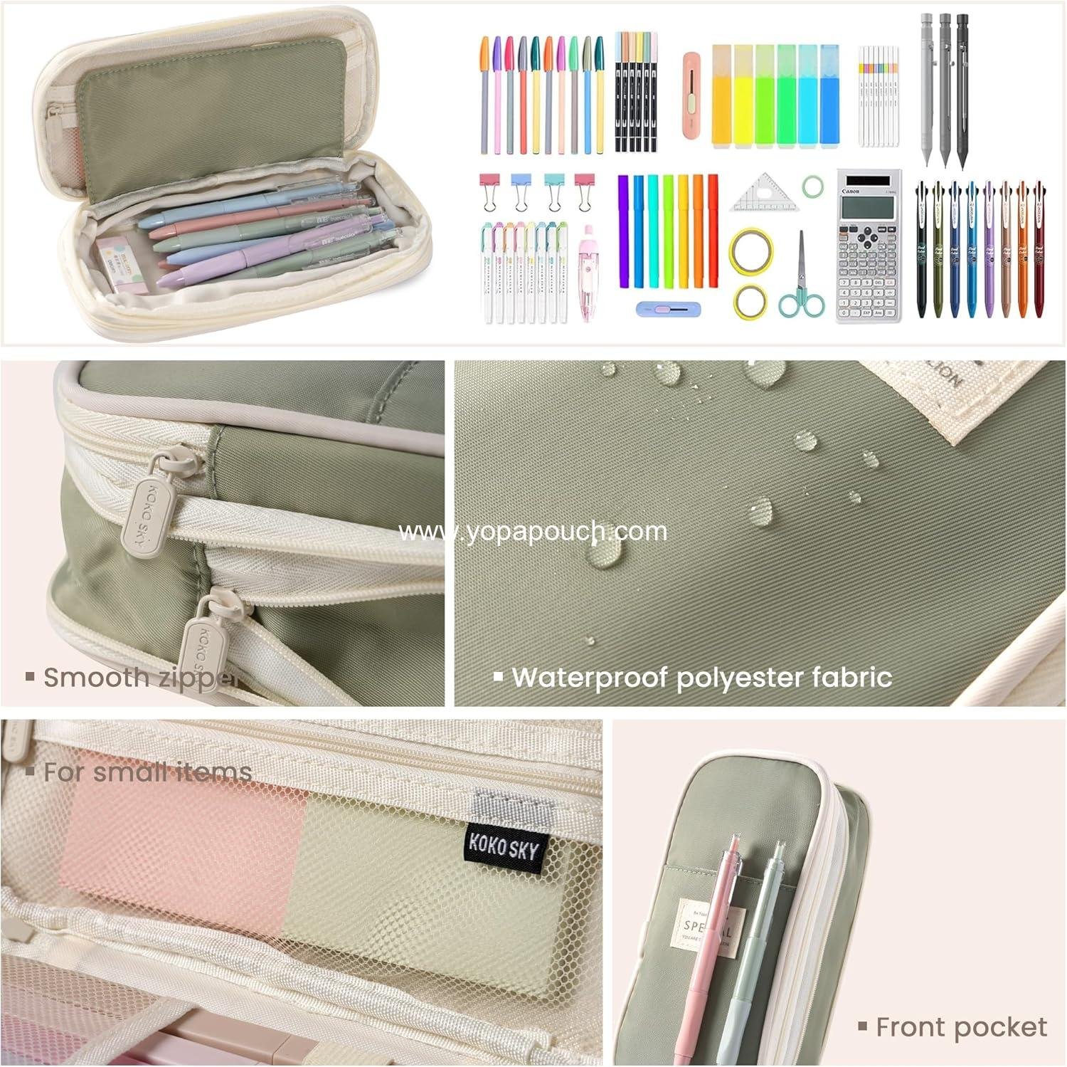 Wholesale Large Capacity Pencil Case with 5 Black Gel Pens (0.5mm) - Big Zipper Pen Bag for Students, Aesthetic School Supplies, Cute Stationery Set for Girls and Women (Green) Manufacturer