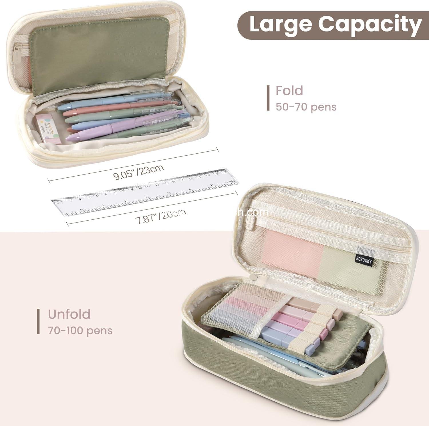 Wholesale Large Capacity Pencil Case with 5 Black Gel Pens (0.5mm) - Big Zipper Pen Bag for Students, Aesthetic School Supplies, Cute Stationery Set for Girls and Women (Green) Manufacturer