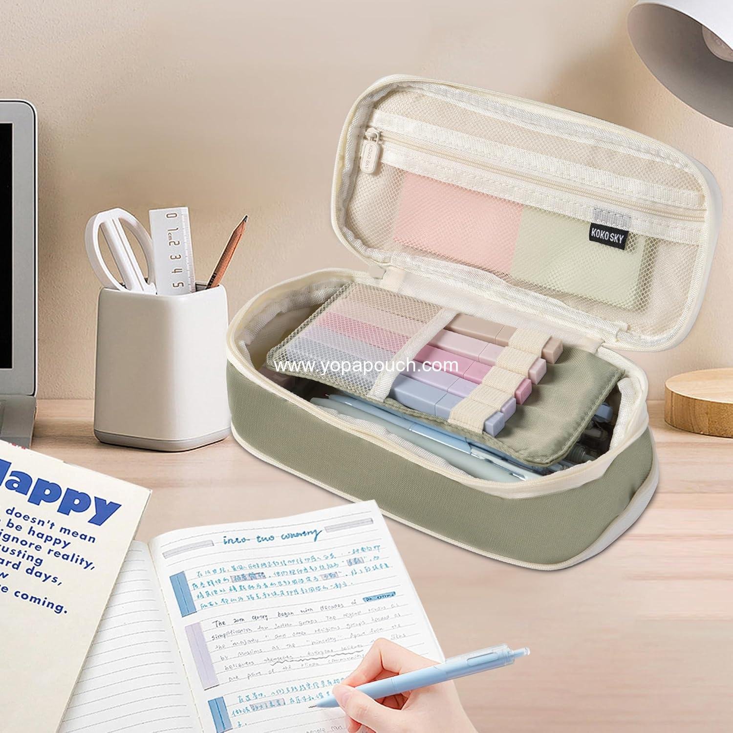 Wholesale Large Capacity Pencil Case with 5 Black Gel Pens (0.5mm) - Big Zipper Pen Bag for Students, Aesthetic School Supplies, Cute Stationery Set for Girls and Women (Green) Manufacturer