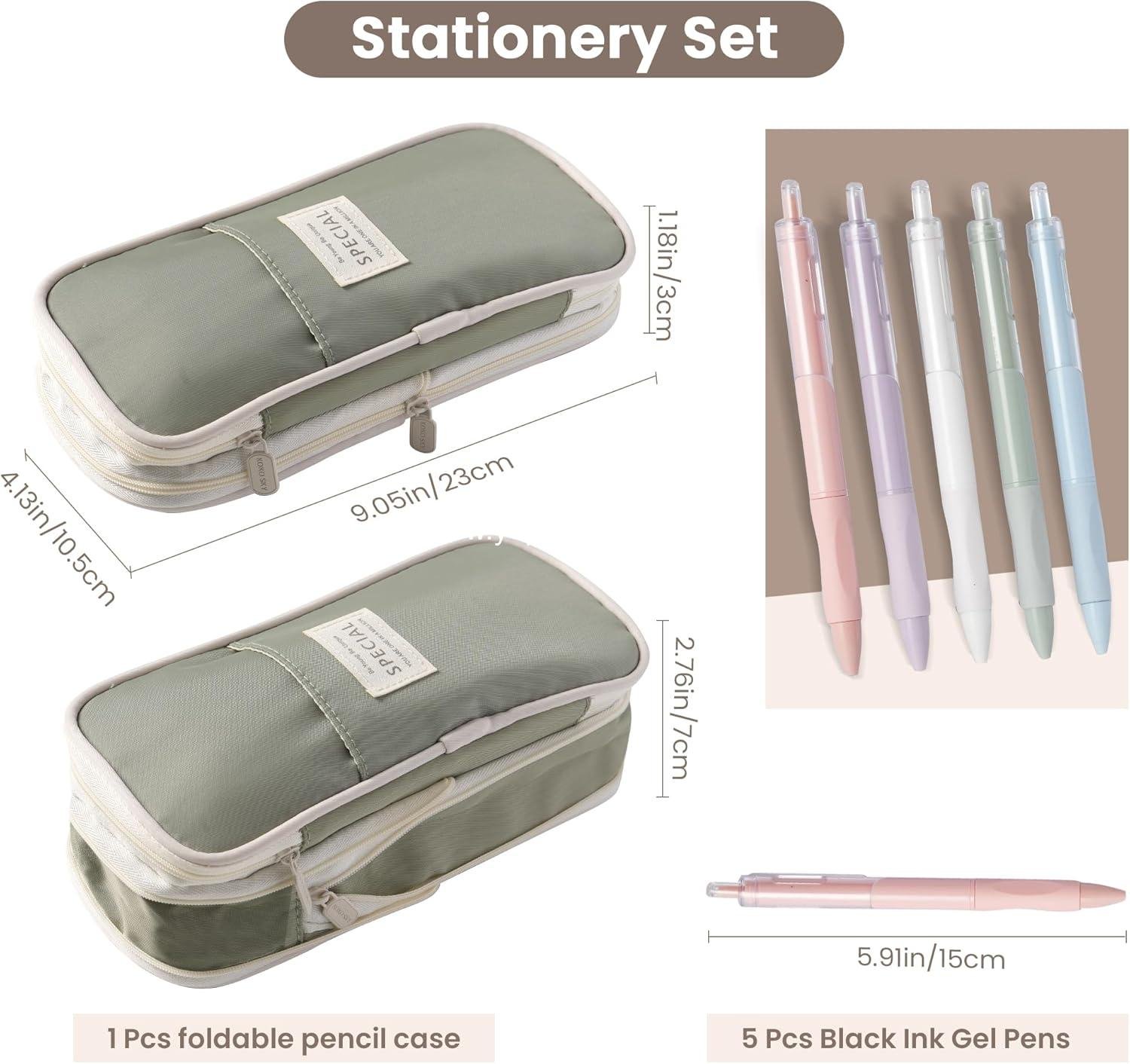 Wholesale Large Capacity Pencil Case with 5 Black Gel Pens (0.5mm) - Big Zipper Pen Bag for Students, Aesthetic School Supplies, Cute Stationery Set for Girls and Women (Green) Manufacturer