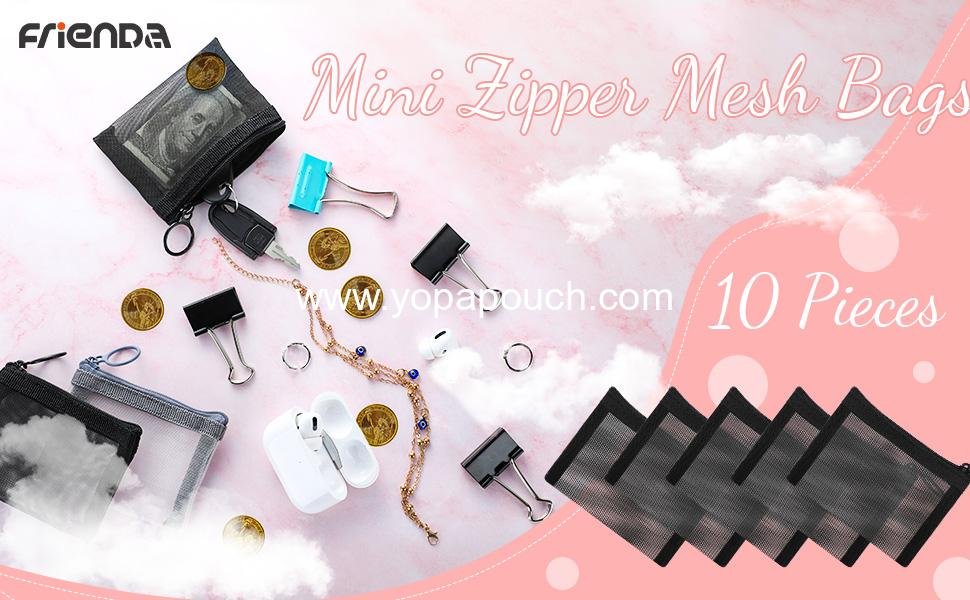 OEM 10 Pcs Small Mesh Zipper Bags, Portable Reusable Storage Pouches for Women, 3 x 4 Inch Black Coin Purse with Keychain - Wholesale Supplier