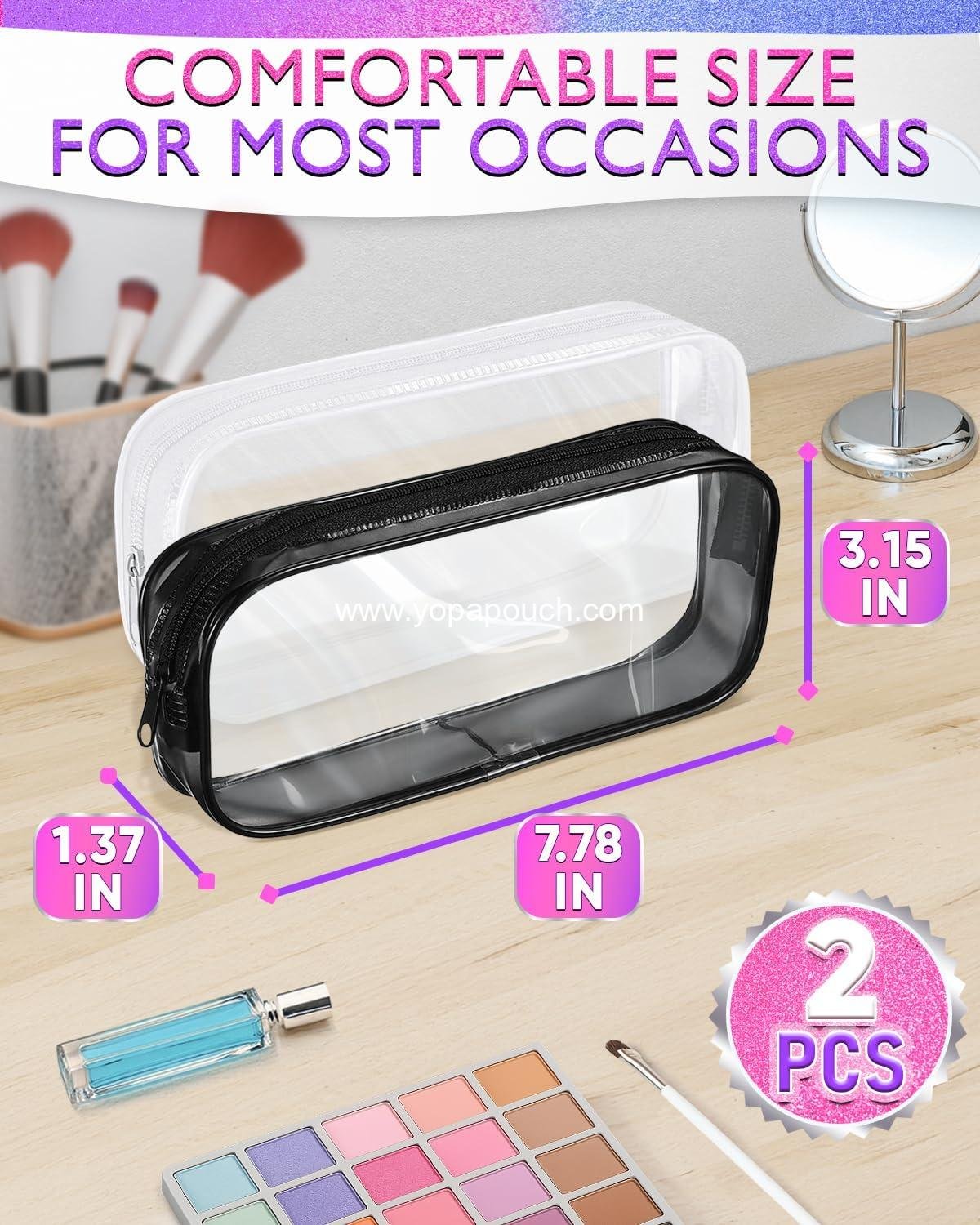 Wholesale Small Makeup Bag for Purse – 2 Pcs Clear Zipper Pouches, Waterproof Plastic Cosmetic Bags with Soft Elastic Design – Space-Efficient, Stylish Organizer for Essentials on the Go Supplier