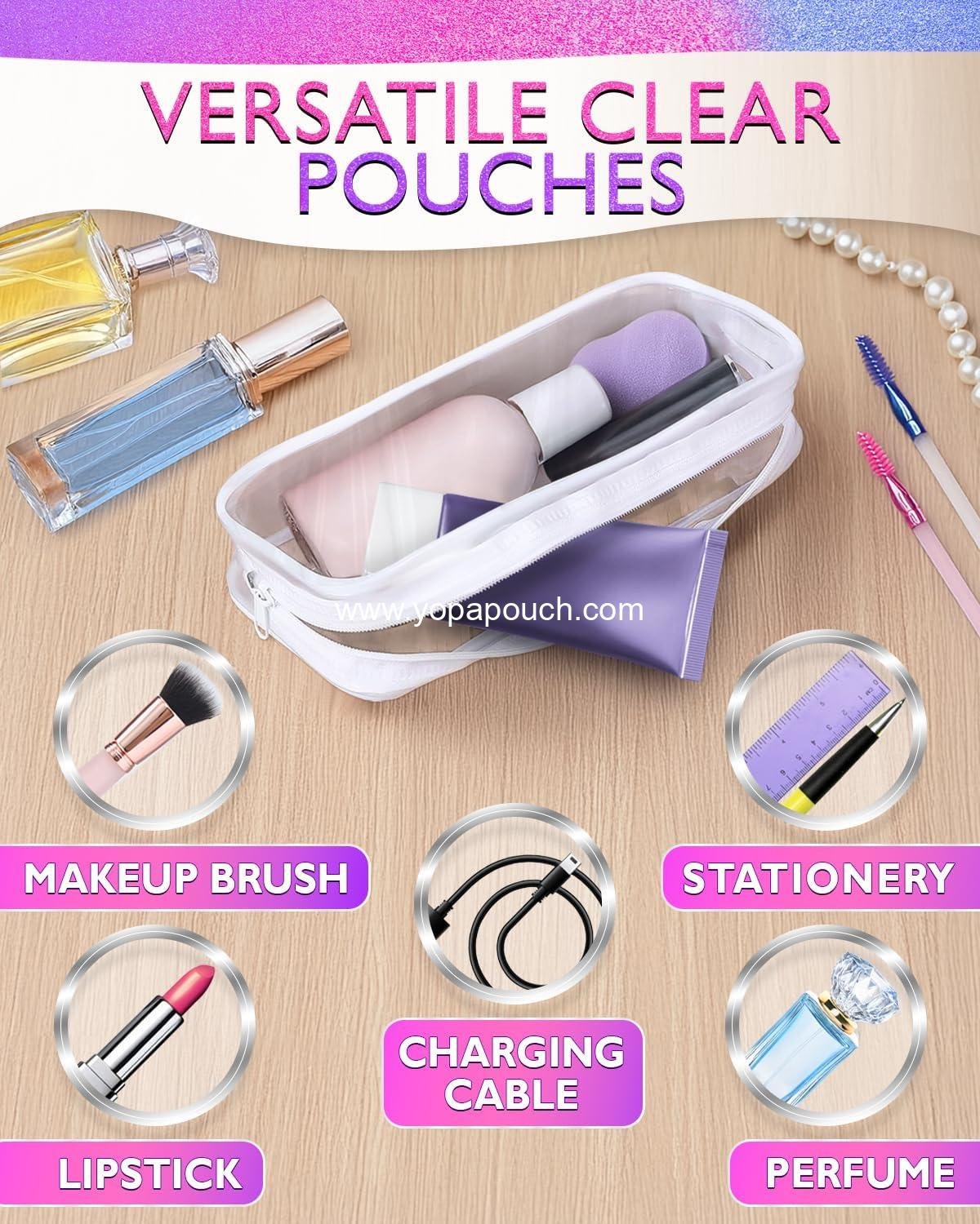 Wholesale Small Makeup Bag for Purse – 2 Pcs Clear Zipper Pouches, Waterproof Plastic Cosmetic Bags with Soft Elastic Design – Space-Efficient, Stylish Organizer for Essentials on the Go Supplier