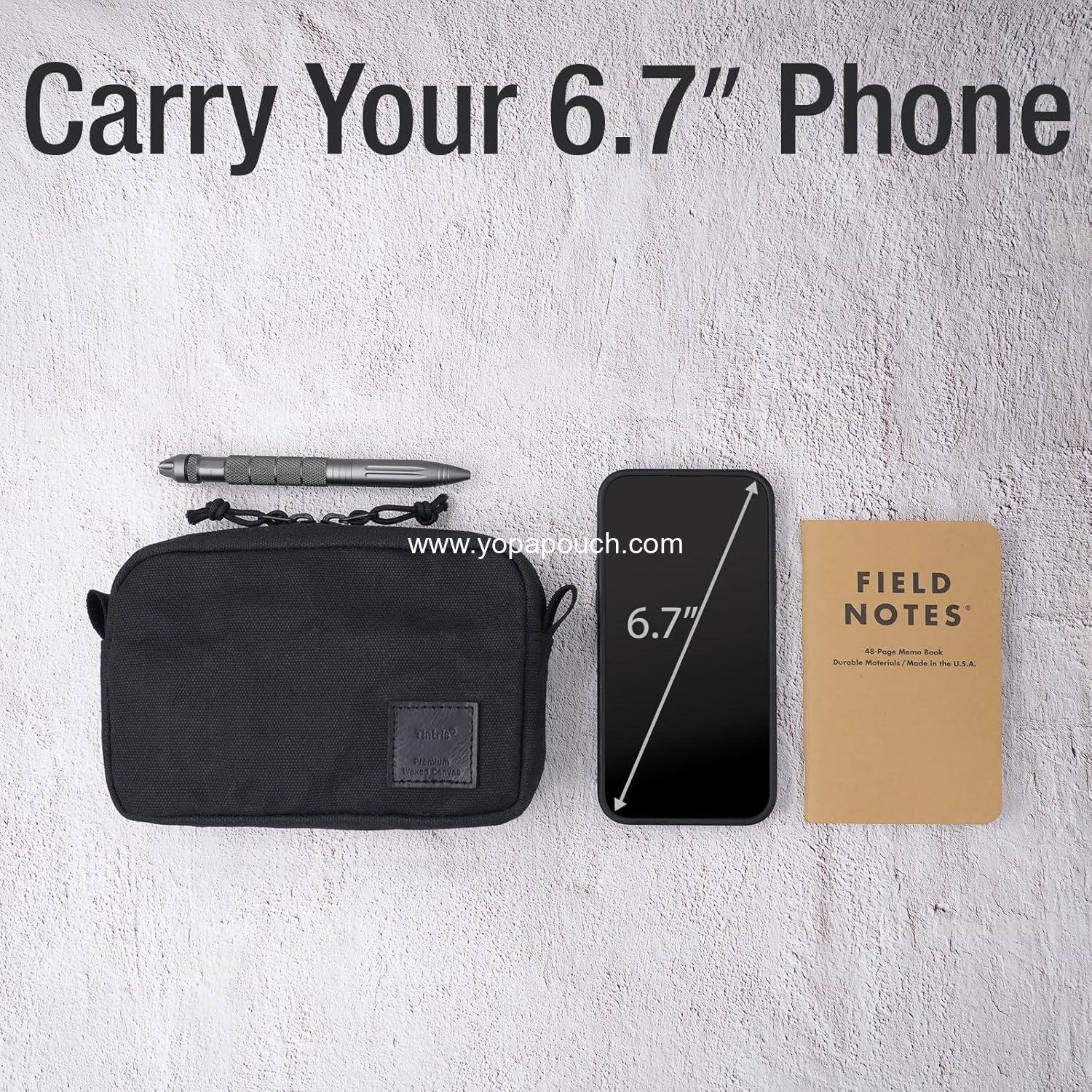 Wholesale EDC Belt Zipper Pouch for Men and Women, Water Resistant Waist Pack Bag for Camping and Hiking, Tough Waxed Canvas, Black, Size M