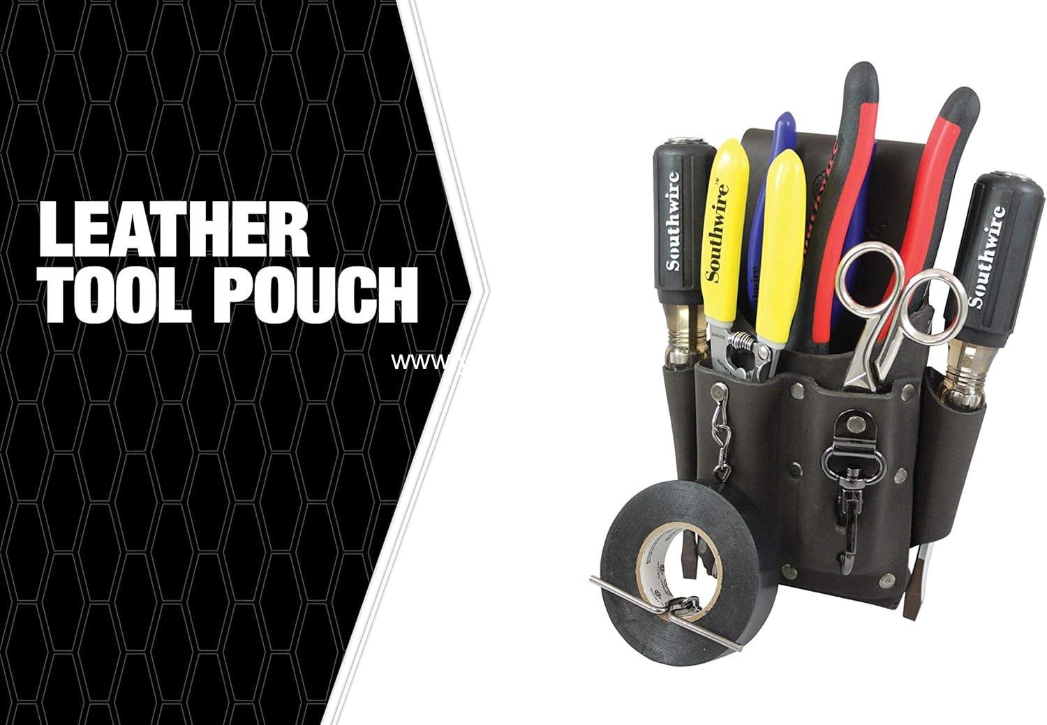 Wholesale 5 Pocket Leather Tool Pouch with Electrical Tape Chain, Fade Resistant, Durable Compartments, Washer Rivets, Metal Tool Clip, Dark Brown - Supplier