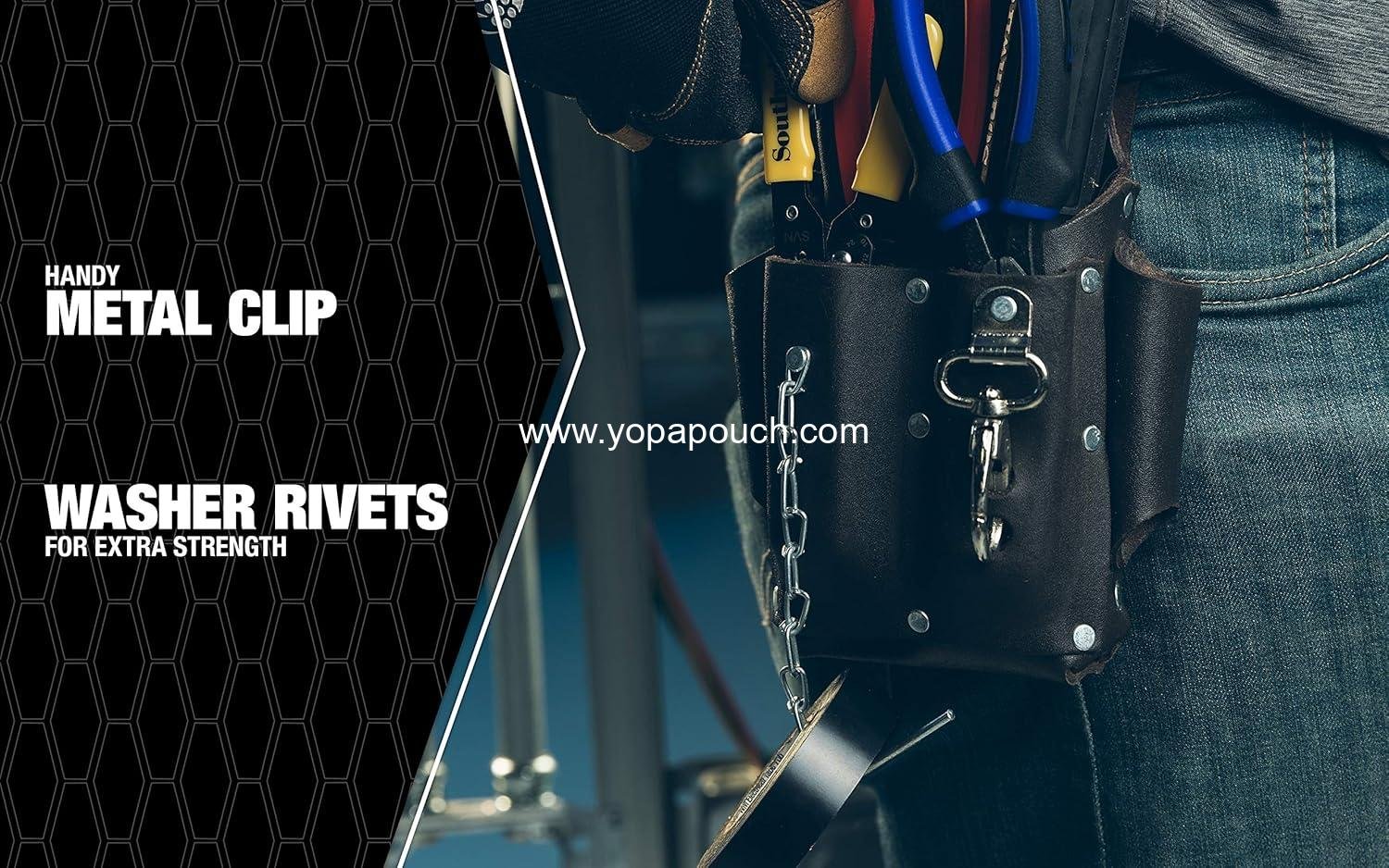 Wholesale 5 Pocket Leather Tool Pouch with Electrical Tape Chain, Fade Resistant, Durable Compartments, Washer Rivets, Metal Tool Clip, Dark Brown - Supplier