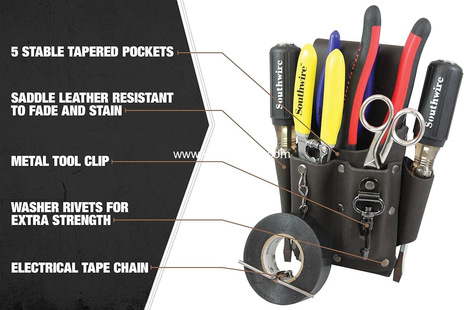 Wholesale 5 Pocket Leather Tool Pouch with Electrical Tape Chain, Fade Resistant, Durable Compartments, Washer Rivets, Metal Tool Clip, Dark Brown - Supplier