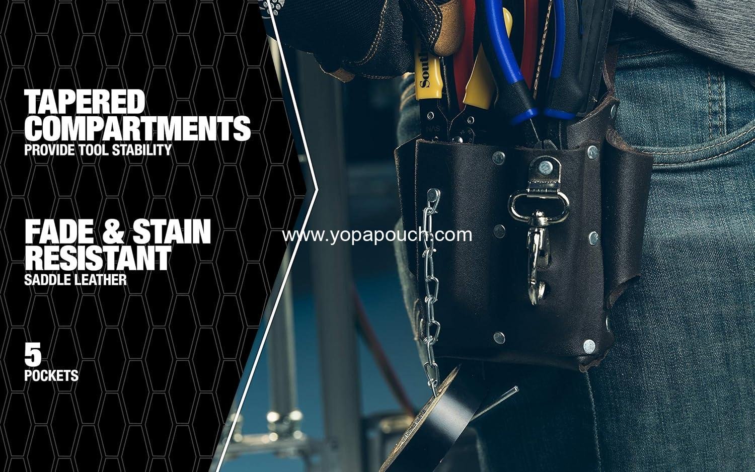 Wholesale 5 Pocket Leather Tool Pouch with Electrical Tape Chain, Fade Resistant, Durable Compartments, Washer Rivets, Metal Tool Clip, Dark Brown - Supplier