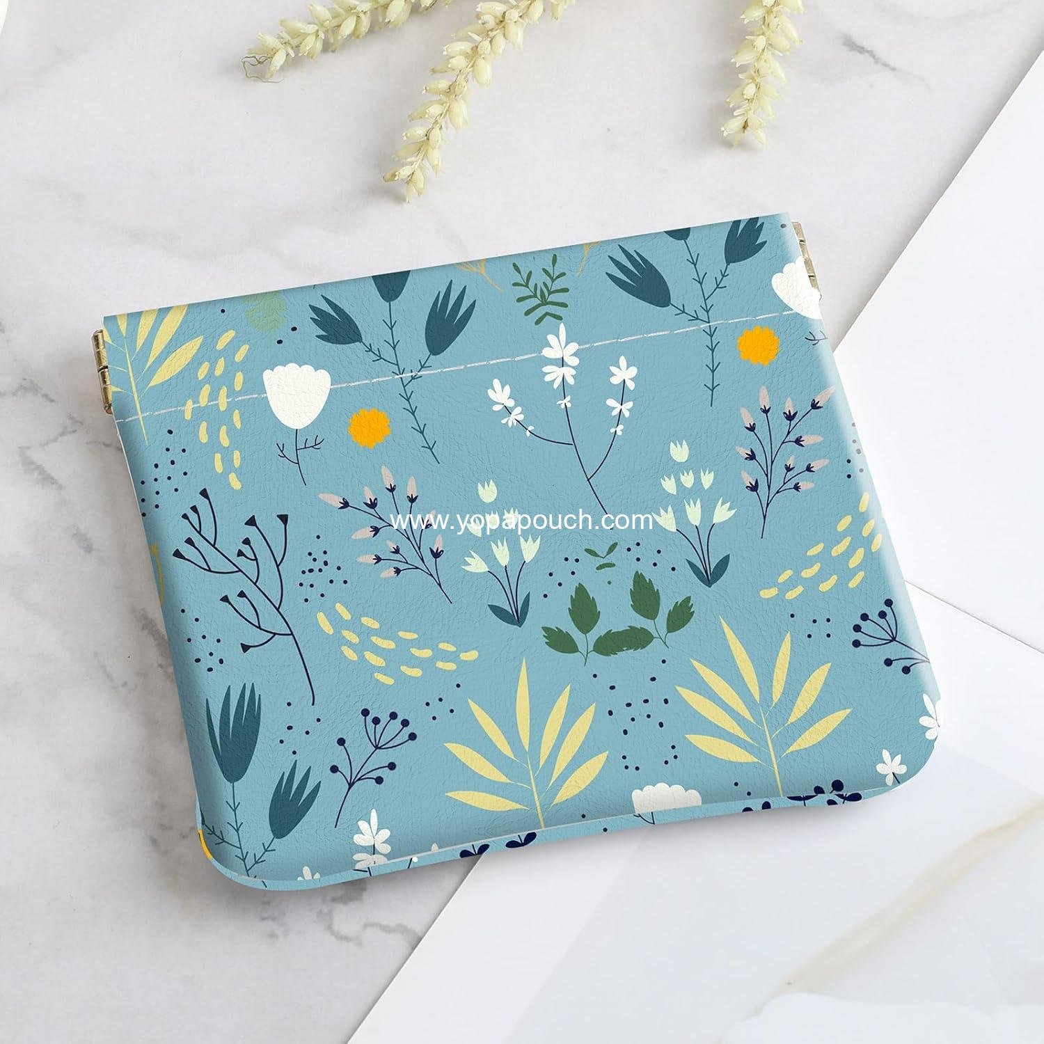 Wholesale PU Leather Small Squeeze Coin Purse Pouch Mini Bag Unique Cute Wallet Cosmetic Change Bag for Women and Men - Blue and Green Floral Design Supplier