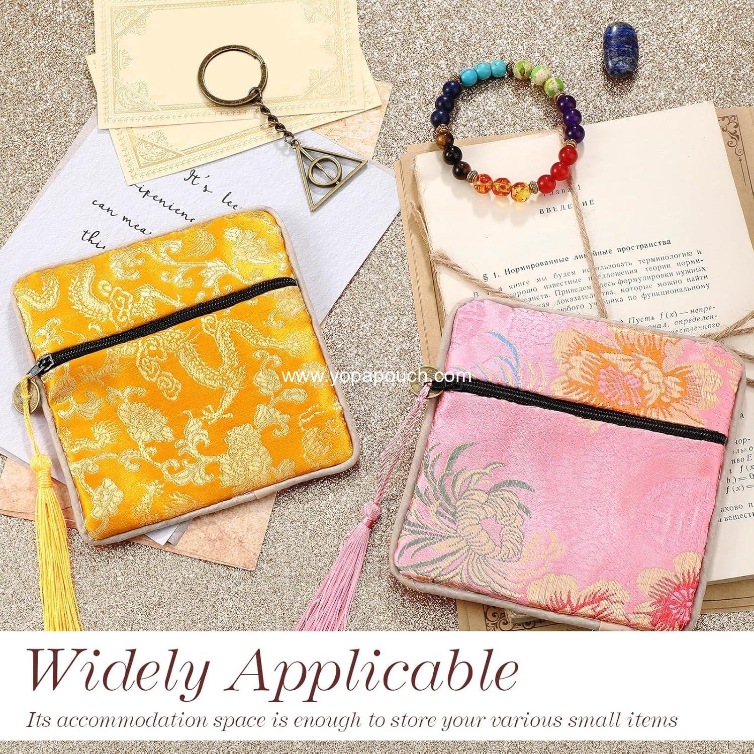 Wholesale 30 Pcs Jewelry Silk Pouch Chinese Brocade Coin Purse Zipper Bag Gift Pouch with Tassel Small Embroidered Organizers Pocket for Women Girls Necklace Earring Bracelet Supplier