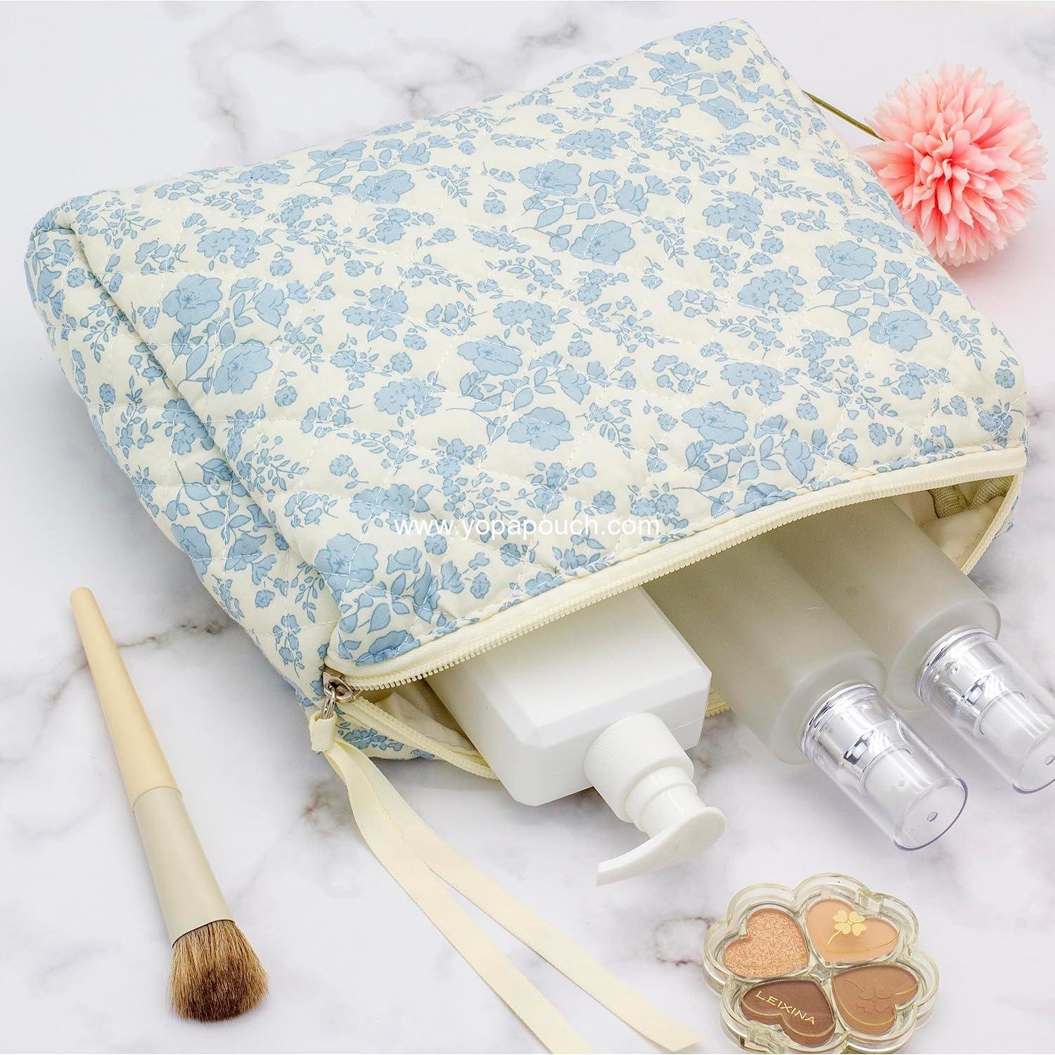 Wholesale Large Quilted Makeup Bag Travel Zipper Soft Cosmetic Pouch for Women and Girls - Little Flower Blue Supplier