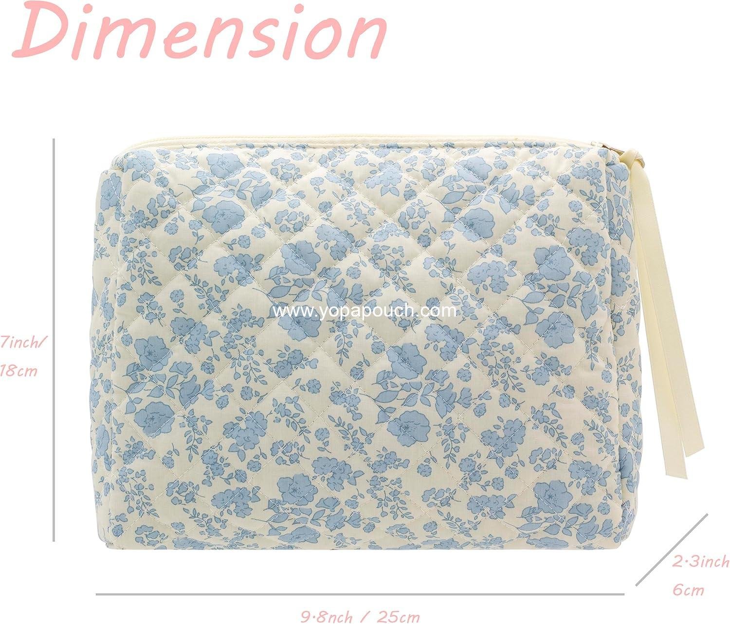 Wholesale Large Quilted Makeup Bag Travel Zipper Soft Cosmetic Pouch for Women and Girls - Little Flower Blue Supplier